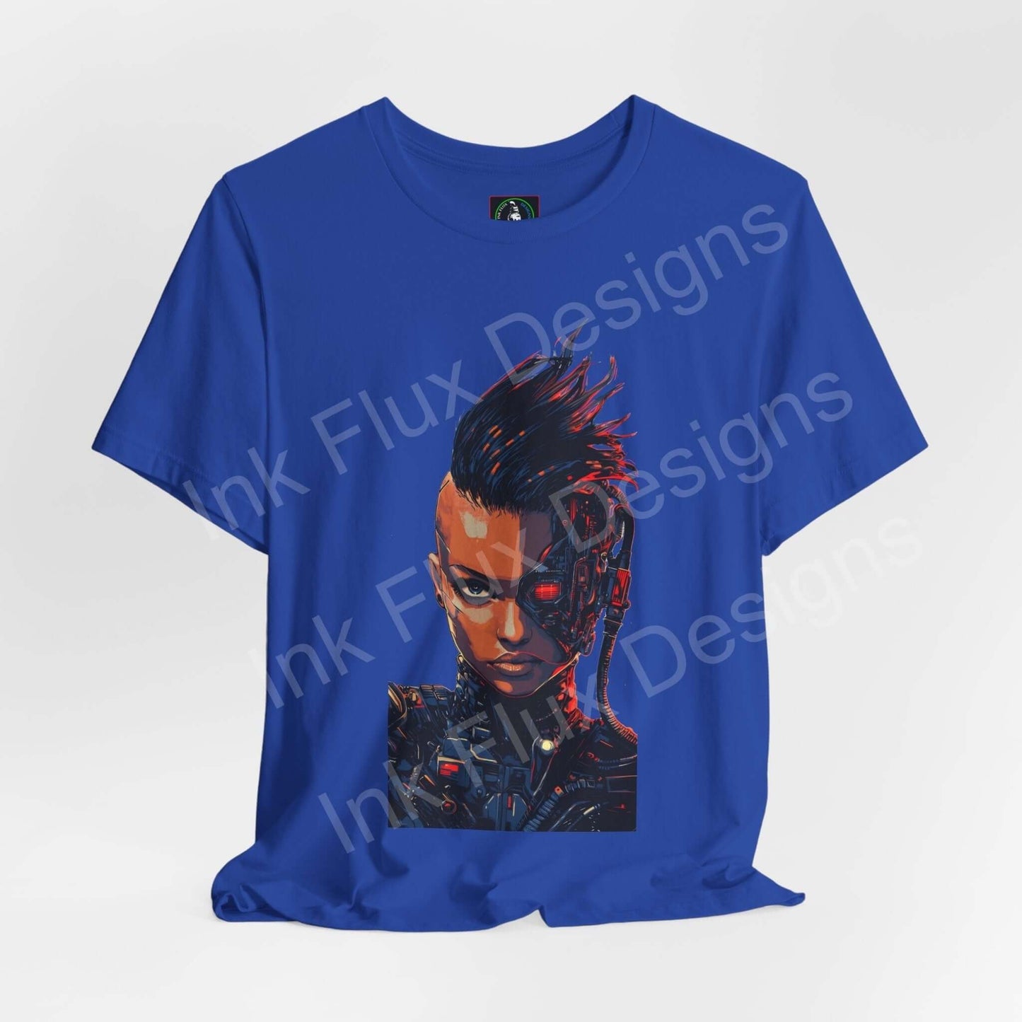 Blue unisex T-shirt featuring a vibrant cyberpunk graphic of a cyborg woman, designed for style and comfort, from Bella+Canvas.