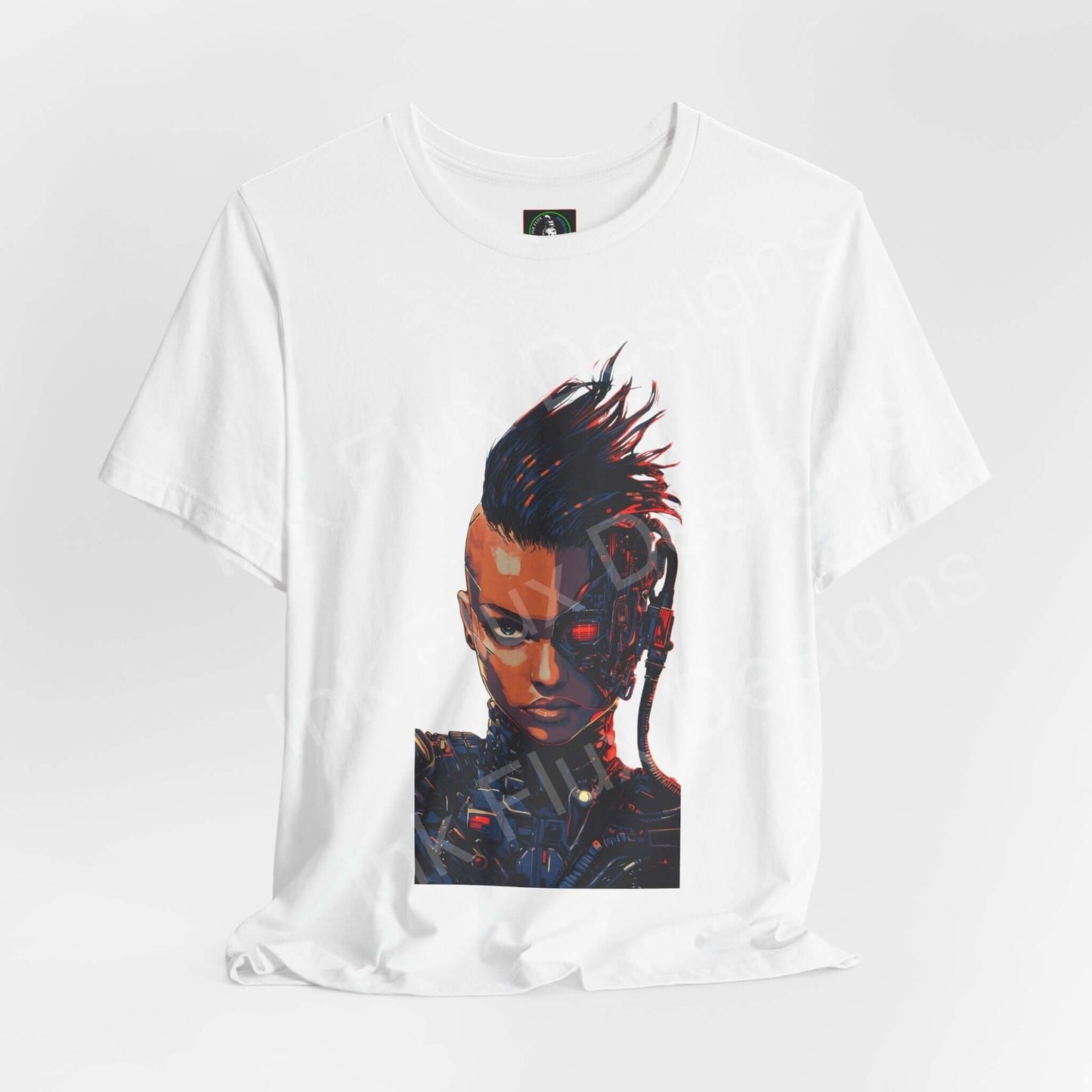 Cyberpunk themed graphic tee featuring a cyborg woman design, crafted from breathable Airlume cotton, perfect for style and comfort.