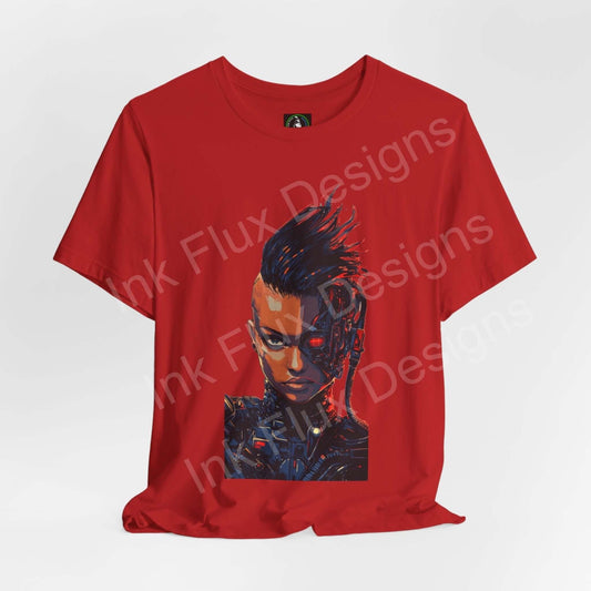 Red cyberpunk graphic tee featuring a stylish cyborg woman design, ideal for fans of futuristic fashion and graphic tees.