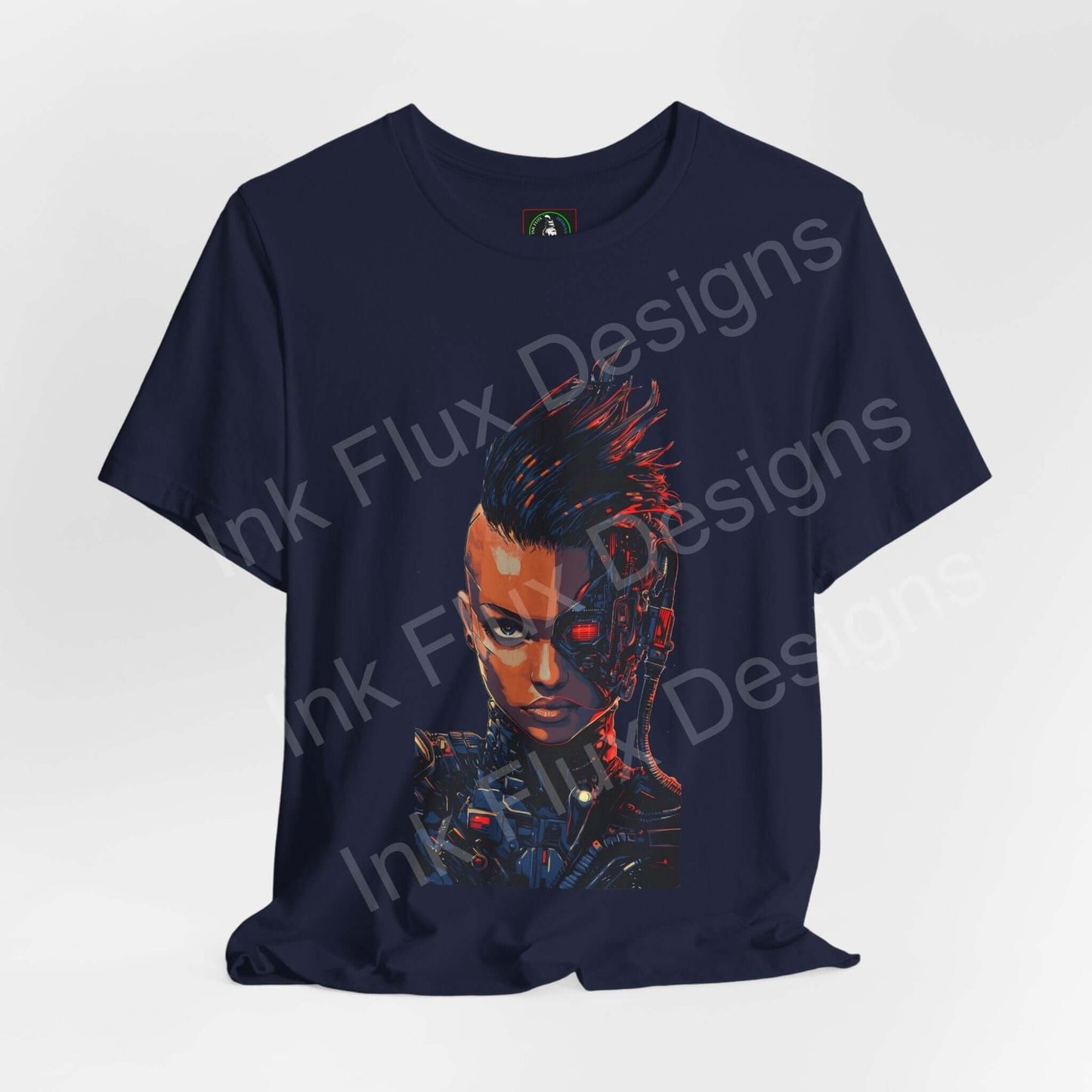 Navy blue unisex T-shirt featuring a vibrant cyberpunk-inspired graphic of a cyborg woman, from Bella+Canvas emphasizing style and sustainability.