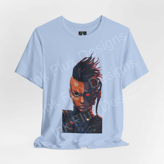 Light blue unisex T-shirt with a cyberpunk themed graphic of a cyborg woman, showcasing modern, breathable design from Bella+Canvas.