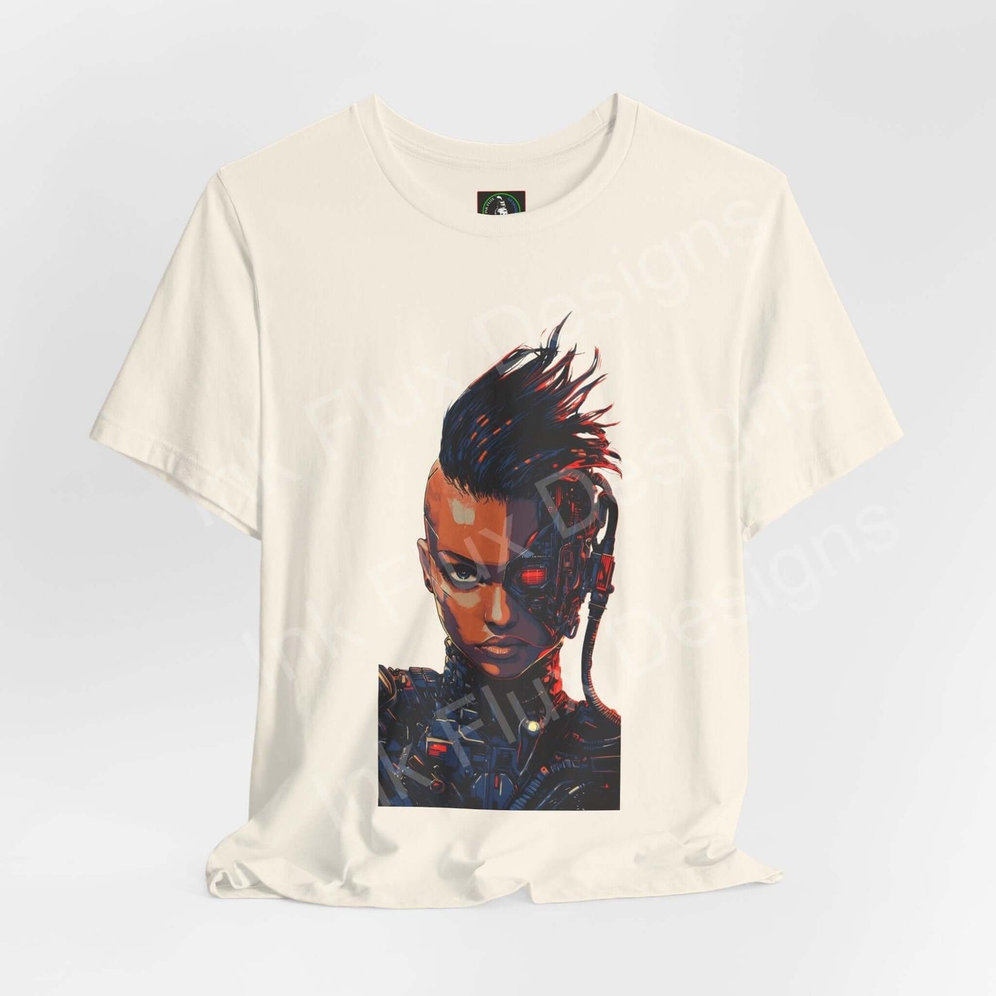 Cyberpunk-themed graphic tee featuring a stylized cyborg woman design on a unisex cream jersey T-shirt by Bella+Canvas.