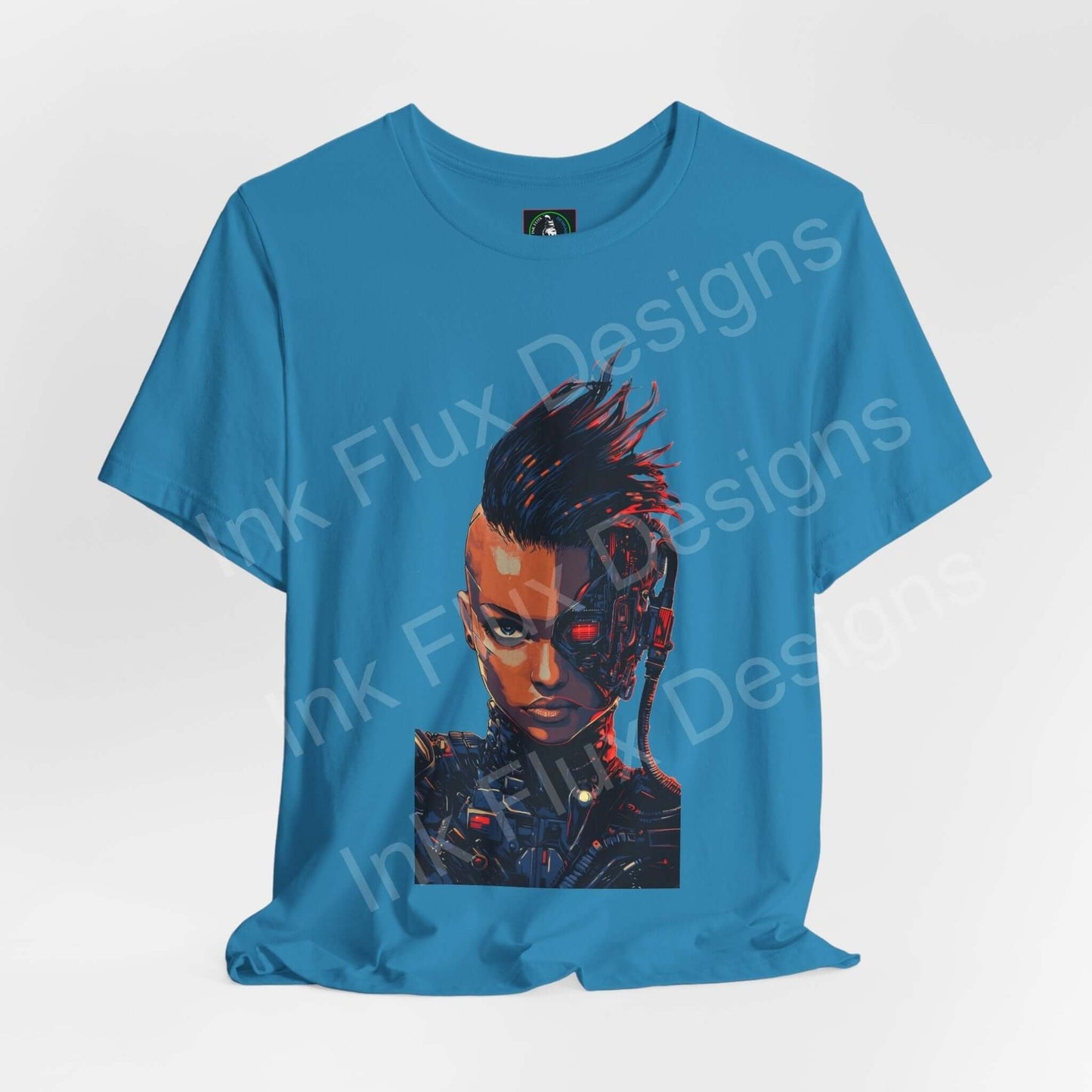 Unisex blue T-shirt featuring a vibrant cyberpunk graphic of a cyborg woman, ideal for fans of graphic tees and futuristic designs.