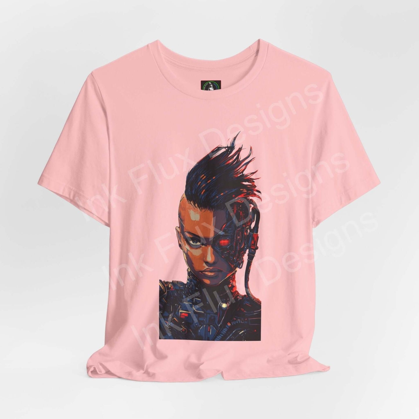 Pink unisex T-shirt with cyberpunk-inspired Cyborg Woman graphic design, offering stylish comfort and sustainability by Bella+Canvas.