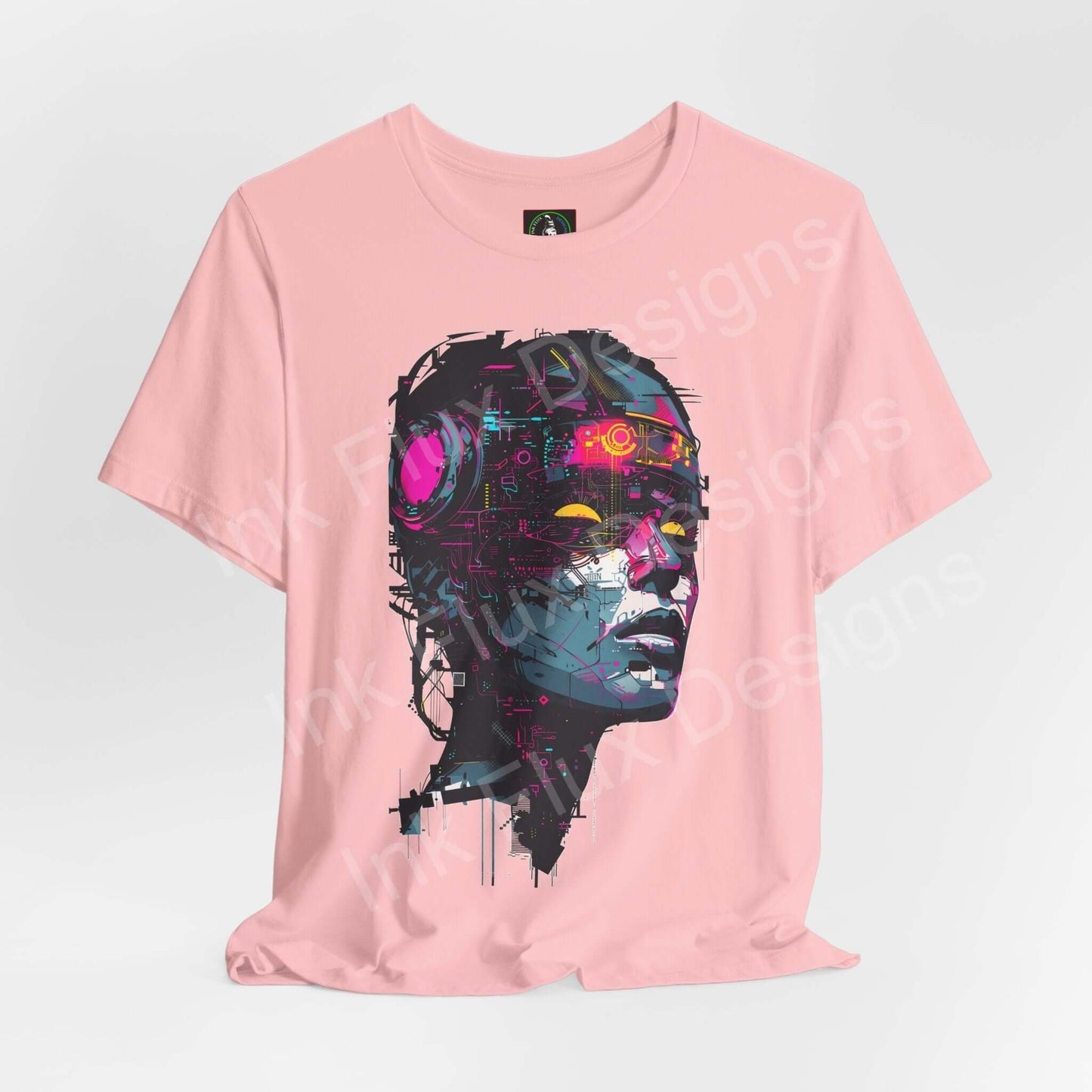 Pink unisex T-shirt featuring a vibrant cyberpunk-inspired cyborg woman graphic, designed for comfort and style, from Bella+Canvas.