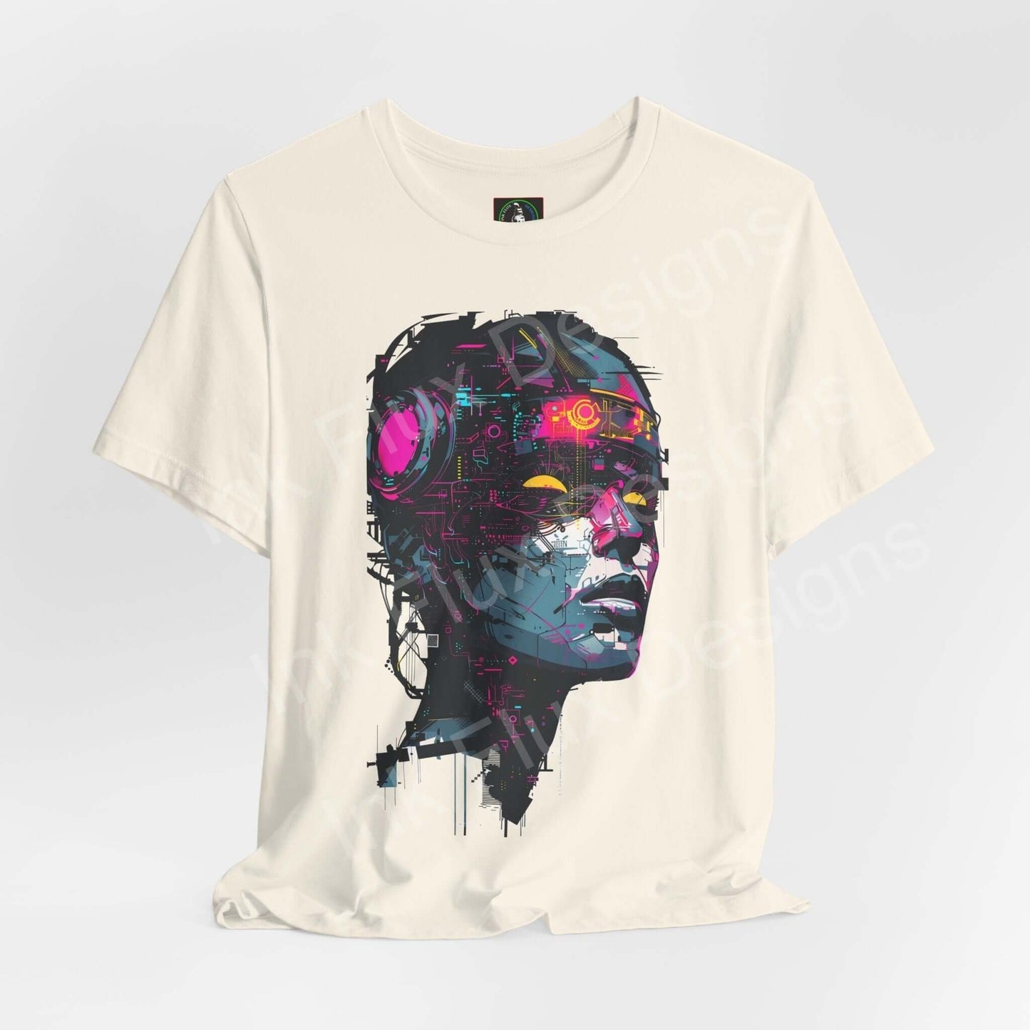 Unisex cream-colored T-shirt featuring a vibrant cyberpunk graphic of a cyborg woman's face, ideal for fans of graphic tees.