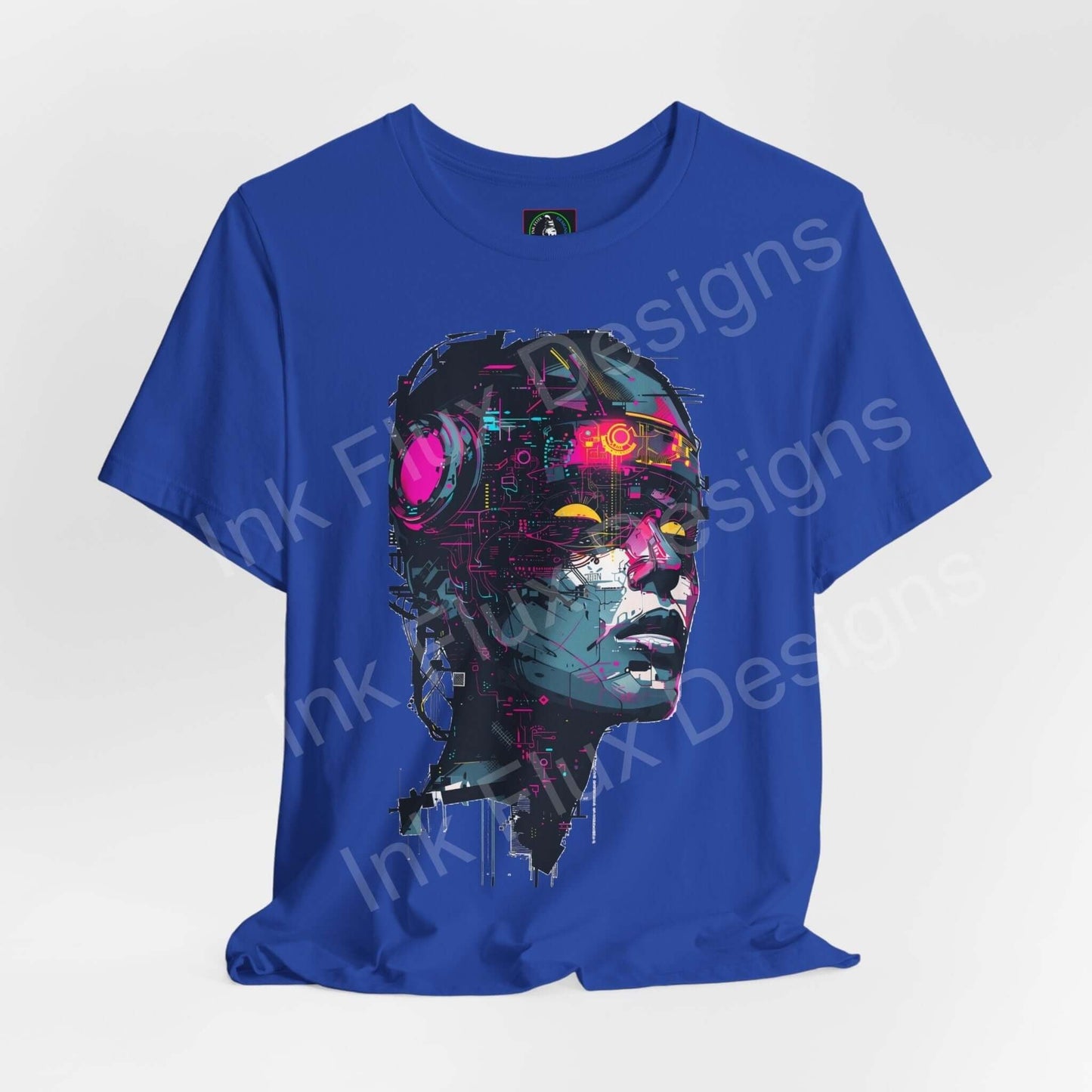 Blue cyberpunk graphic tee featuring a vivid cyborg woman design, ideal for fans of futuristic and tech-inspired fashion.