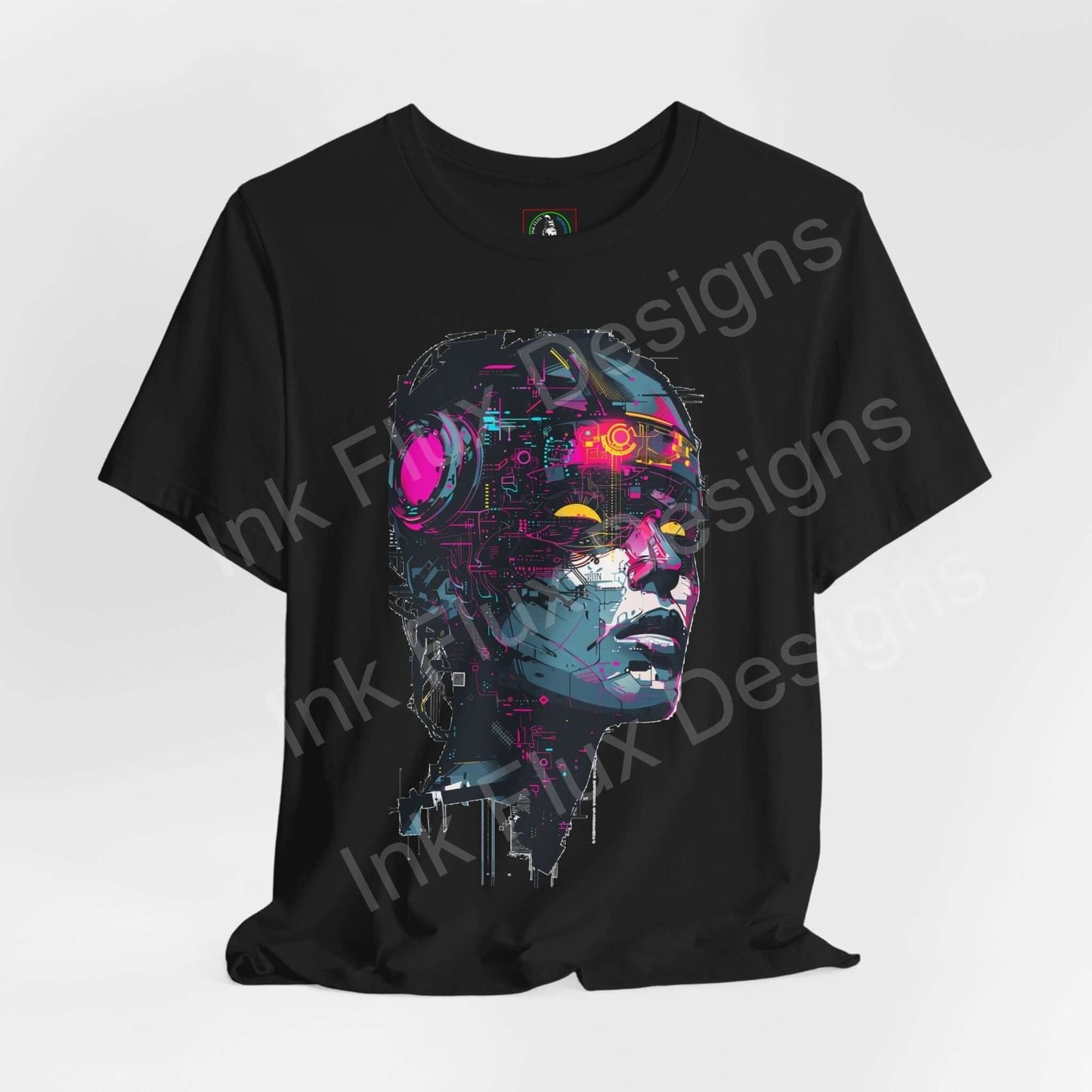 Black unisex T-shirt featuring a cyberpunk graphic of a colorful cyborg woman's face, designed by Bella+Canvas for style and comfort.