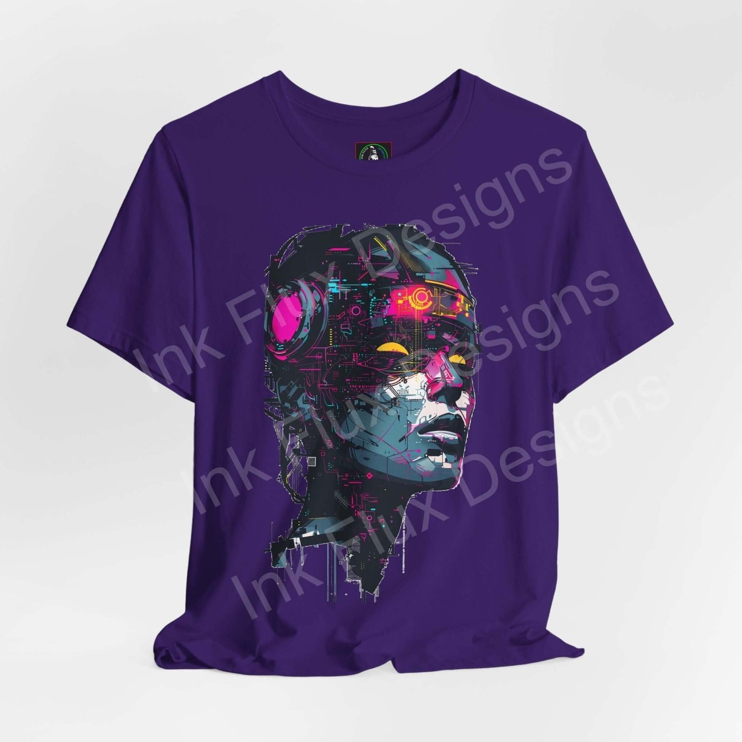 Purple graphic tee featuring a cyberpunk-themed cyborg woman design, crafted by Bella+Canvas focusing on comfort and sustainability.