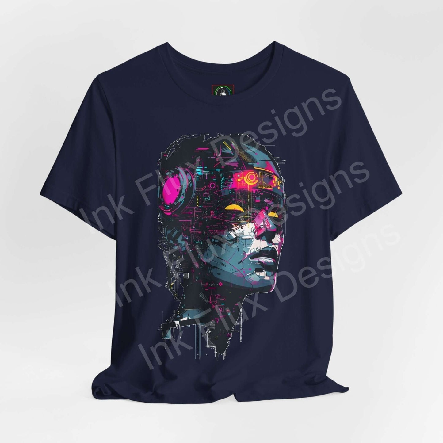 Navy cyberpunk graphic tee featuring a vivid cyborg woman design, ideal for fans of futuristic, ethically made T-shirts.