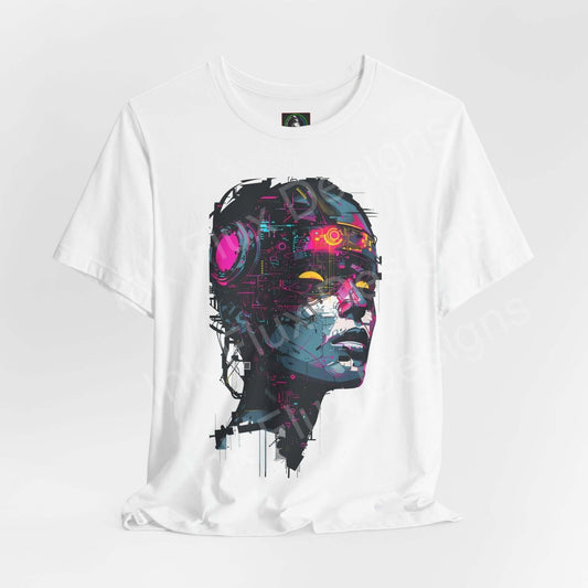 Cyberpunk-inspired graphic tee featuring a vibrant cyborg woman design on a white unisex jersey T-shirt by Bella+Canvas.
