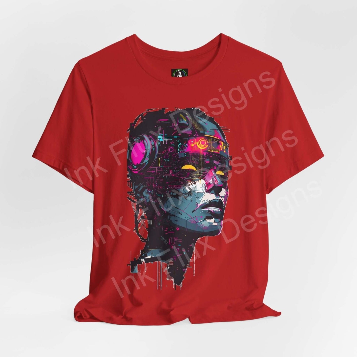 Red unisex T-shirt featuring a vibrant cyberpunk graphic design of a cyborg woman's face, combining style and high-tech appeal.