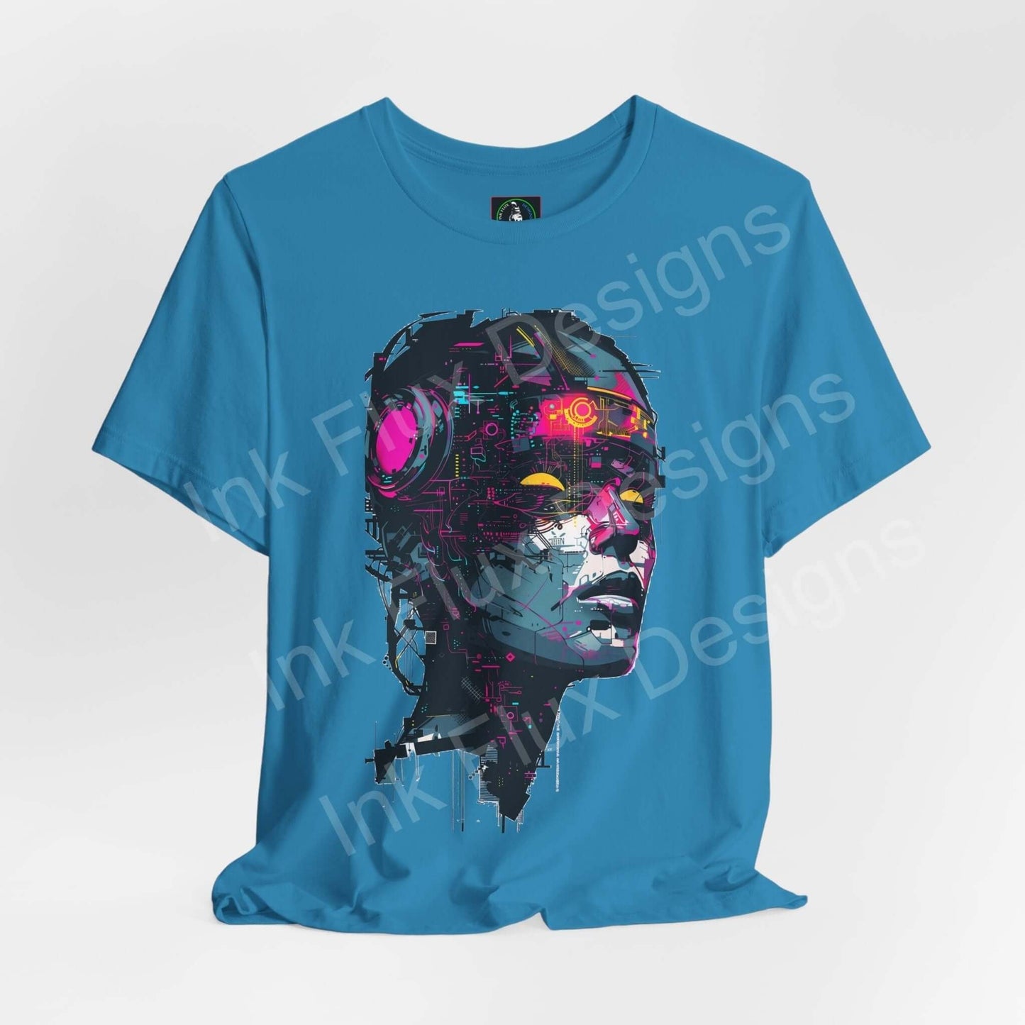 Cyberpunk graphic tee featuring a vibrant cyborg woman design on a blue unisex T-shirt by Bella+Canvas, highlighting style and sustainability.