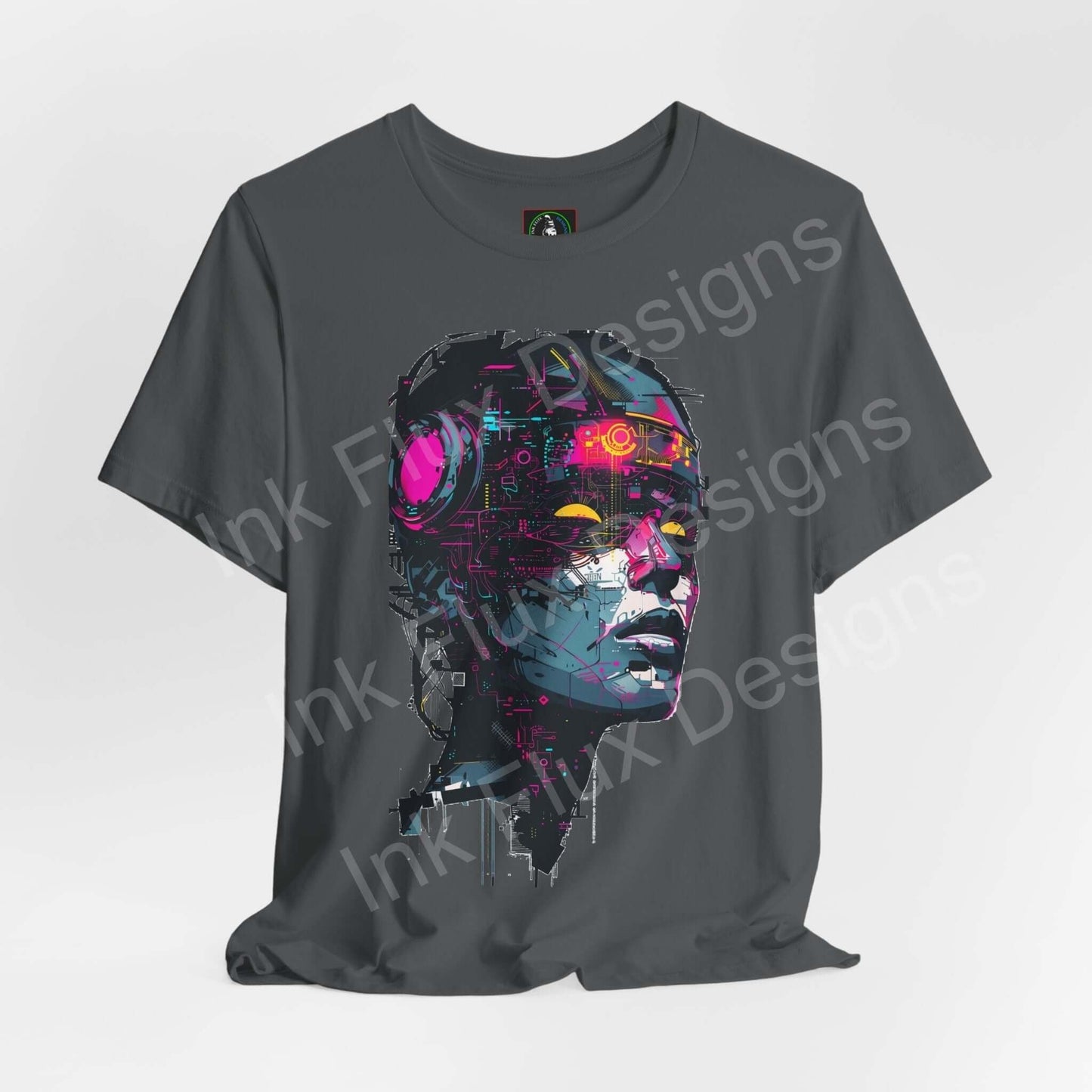 Cyberpunk-inspired graphic tee featuring a colorful cyborg woman design on a gray unisex T-shirt, perfect for casual wear.