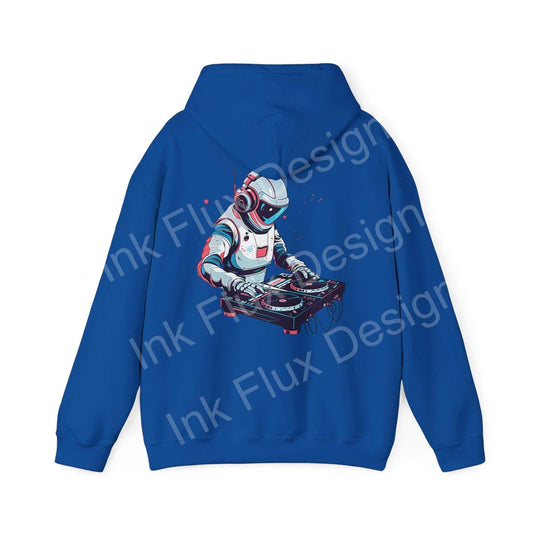 Blue hooded sweatshirt featuring a bold graphic of an astronaut DJ with turntables, from Ink Flux Design, ideal for stylish comfort.