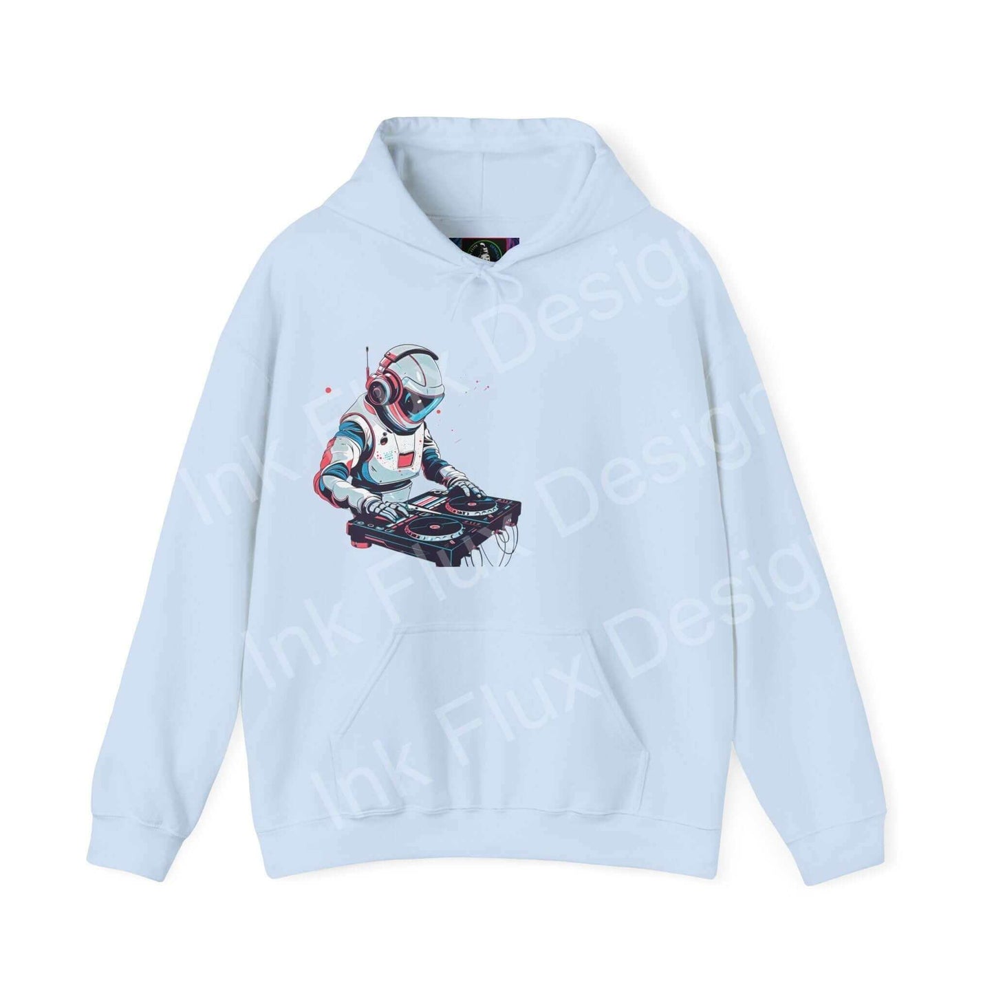 Light blue hooded sweatshirt featuring a bold graphic design of a robot, perfect for those seeking stylish, graphic hoodies with unique artwork.