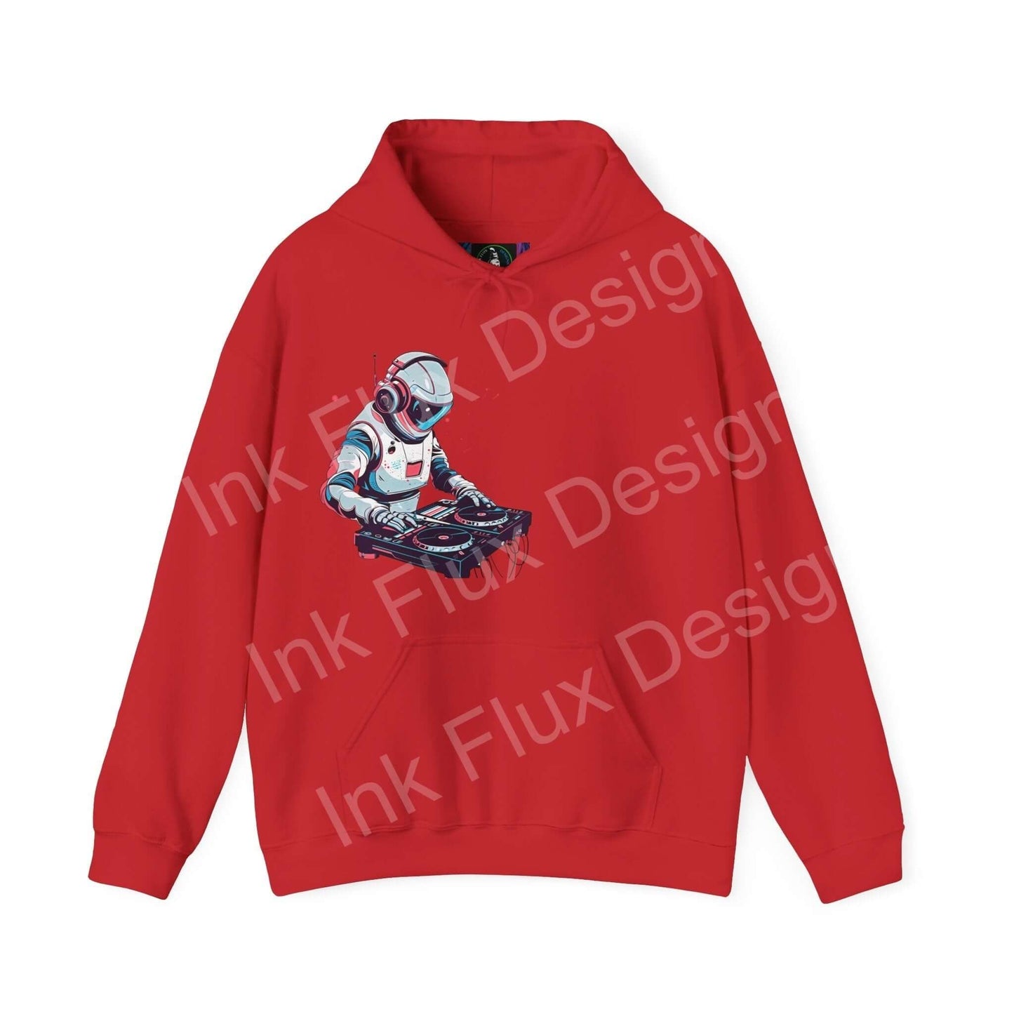 Red hooded sweatshirt featuring bold graphic design of a futuristic racer, from Ink Flux Design, ideal for style and warmth.