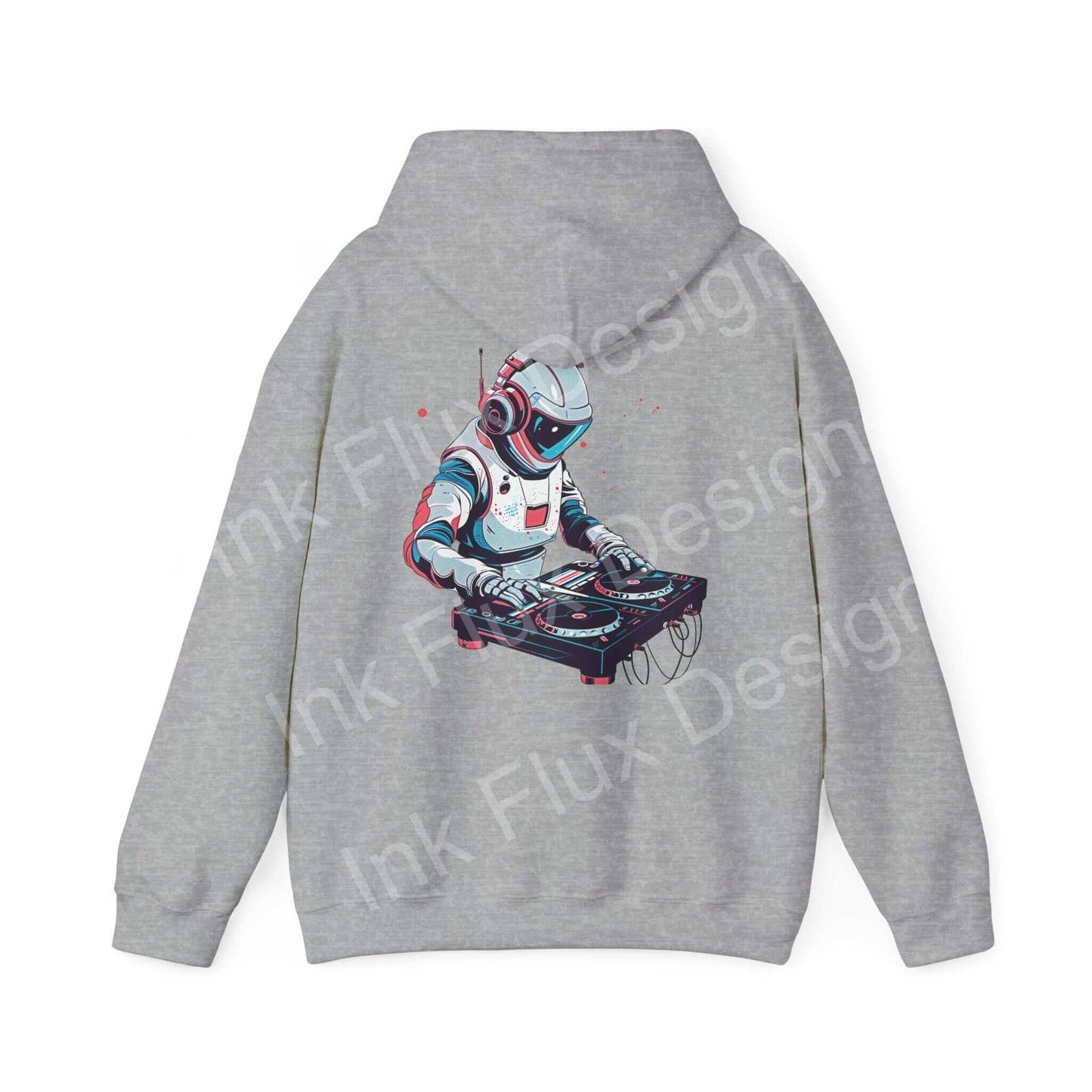 Back view of a gray DJ hooded sweatshirt featuring a bold graphic of a DJ in a helmet, mixing on turntables, emphasizing style and creativity in graphic hoodies.