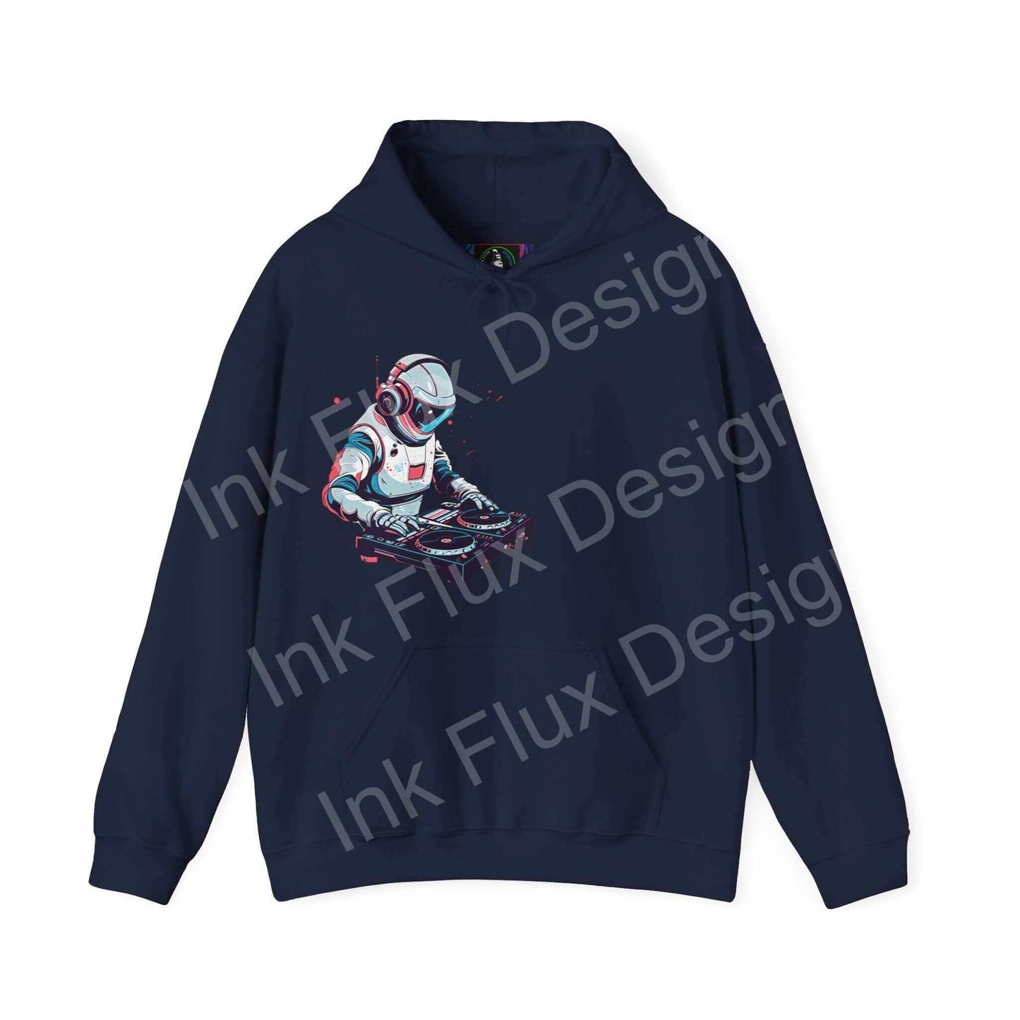 Navy blue hooded sweatshirt featuring a bold graphic of a DJ in a space suit, from the Ink Flux Design series, ideal for trendy graphic hoodies enthusiasts.