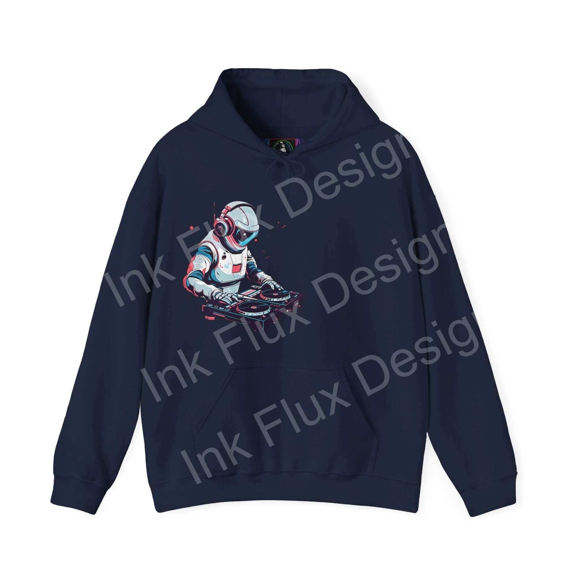 Navy blue hooded sweatshirt featuring a bold graphic of a DJ in a space suit, from the Ink Flux Design series, ideal for trendy graphic hoodies enthusiasts.