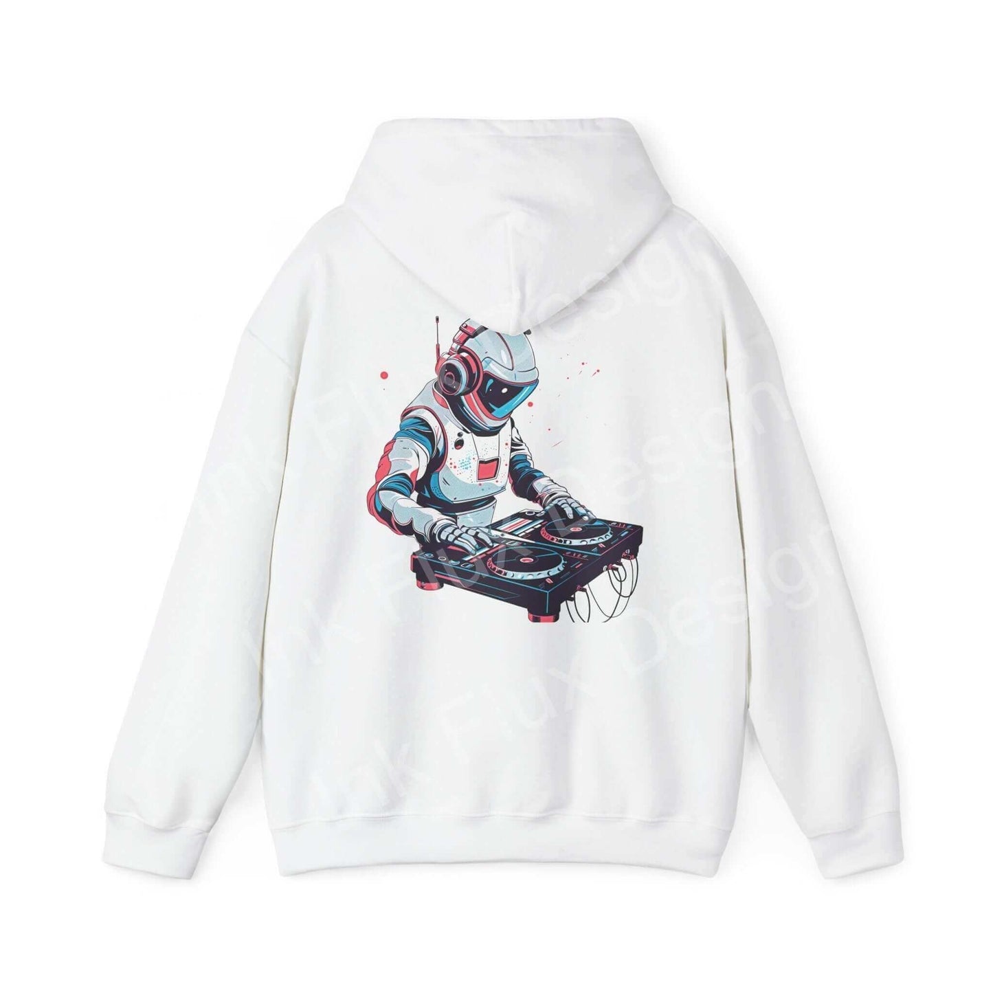 Unisex white hooded sweatshirt featuring a graphic of a robot wearing headphones, embodying bold designs ideal for graphic hoodies enthusiasts.