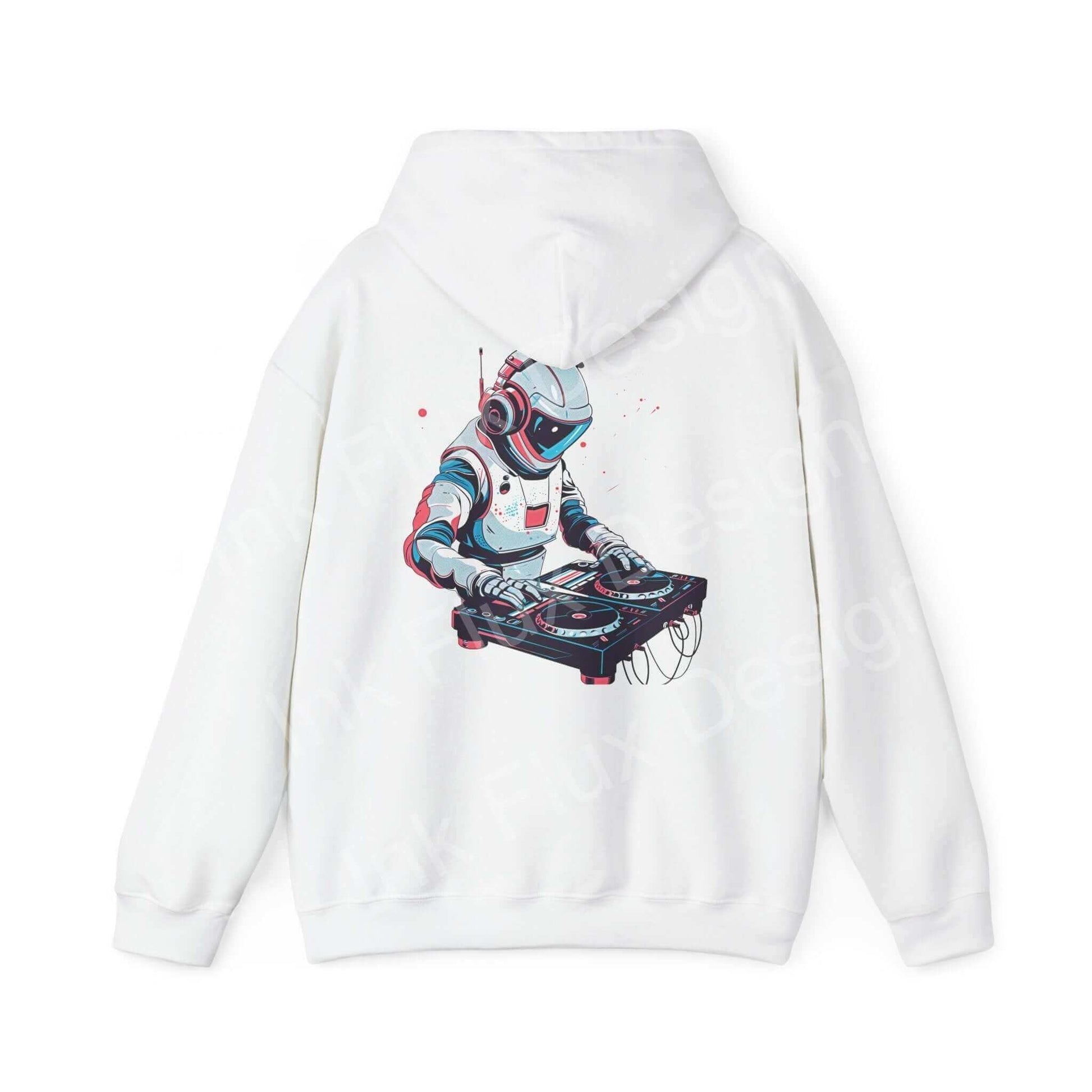 Unisex white hooded sweatshirt featuring a graphic of a robot wearing headphones, embodying bold designs ideal for graphic hoodies enthusiasts.