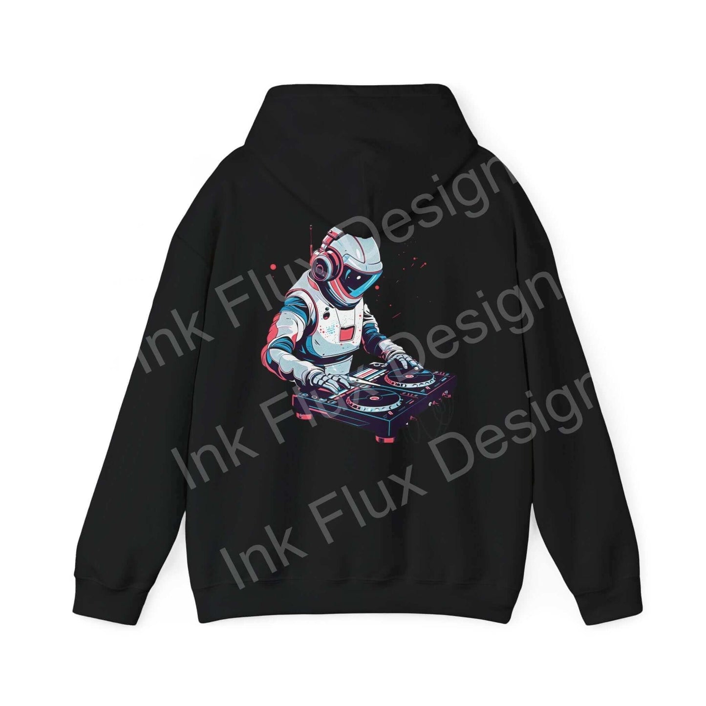 Black DJ hooded sweatshirt featuring a bold graphic of a DJ astronaut with turntables, from Ink Flux Design.