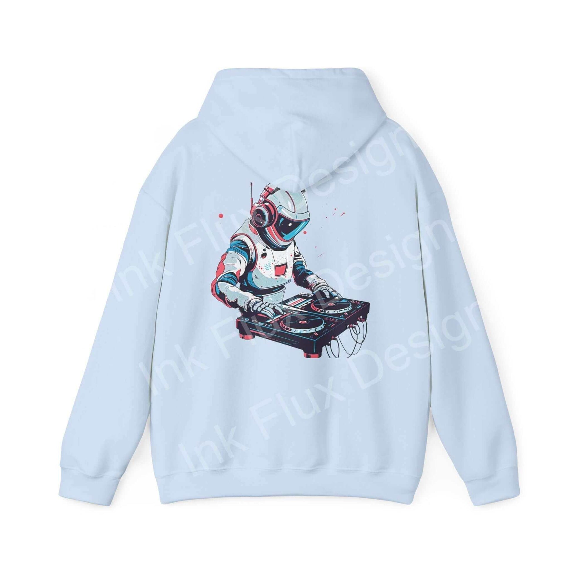 Light blue DJ hooded sweatshirt featuring a bold graphic of a robot DJing on the back, ideal for fans of unique, graphic hoodies.