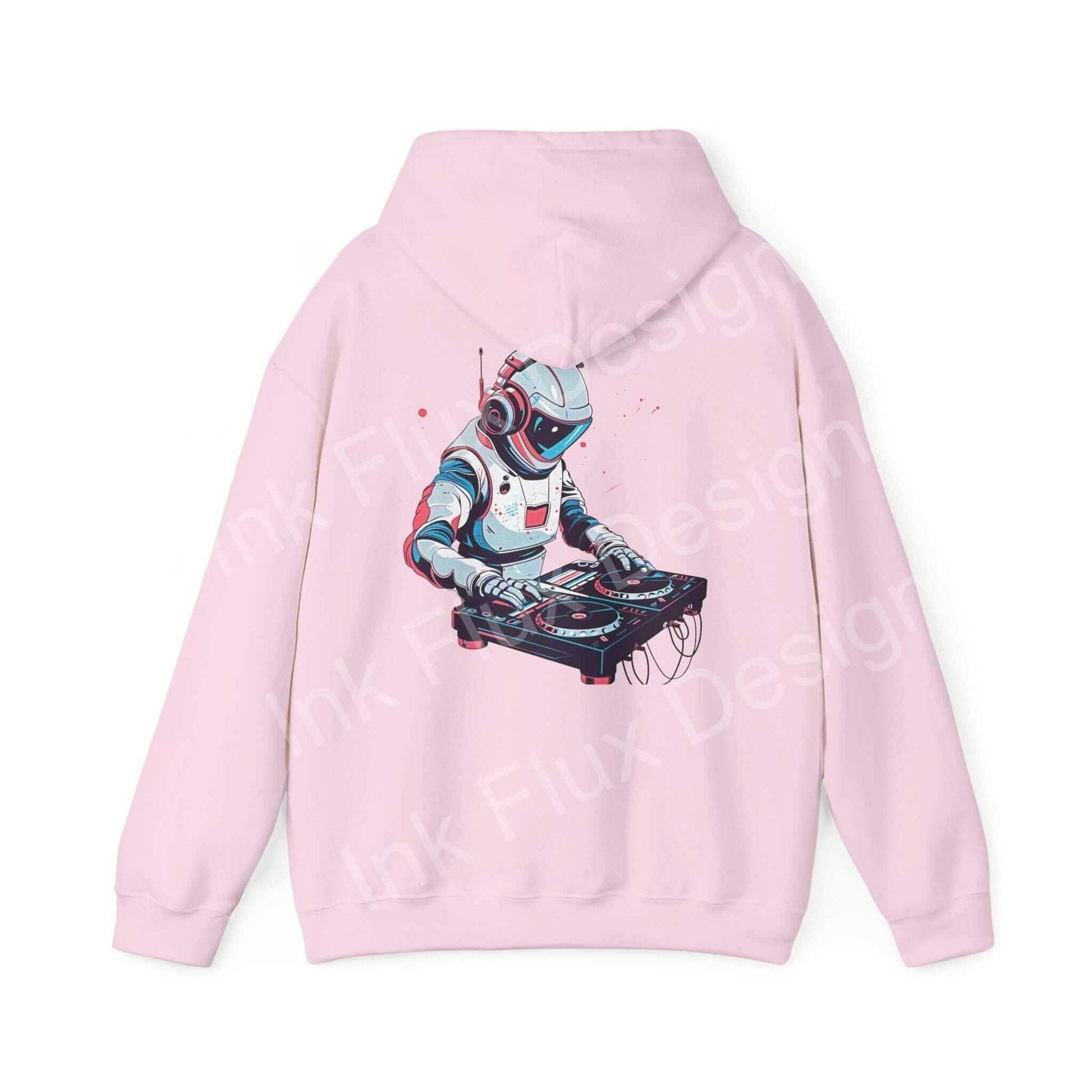 Pink hooded sweatshirt featuring a graphic of a robot DJ mixing music, showcasing bold designs and creativity in apparel.