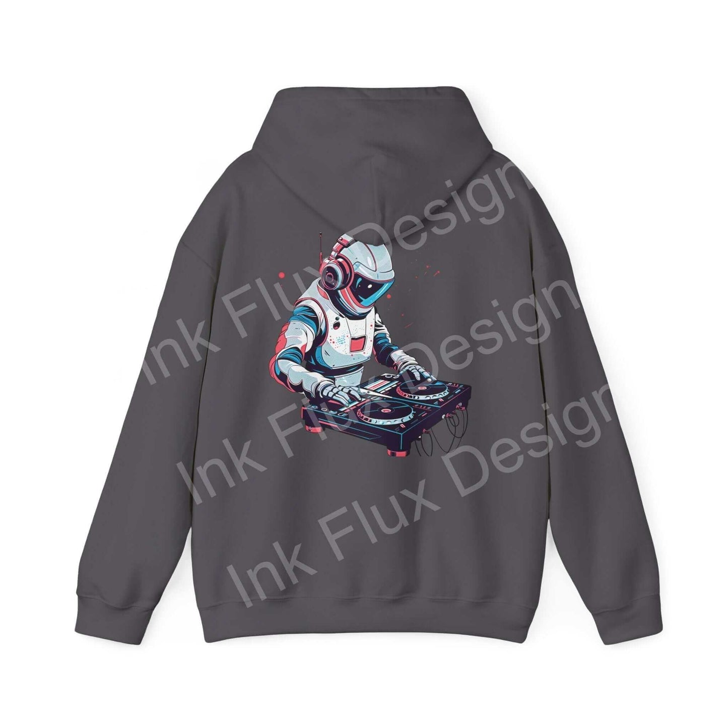 Unisex graphite-colored hooded sweatshirt with a bold graphic design of a DJ robot mixing tunes on decks, from Ink Flux Design.