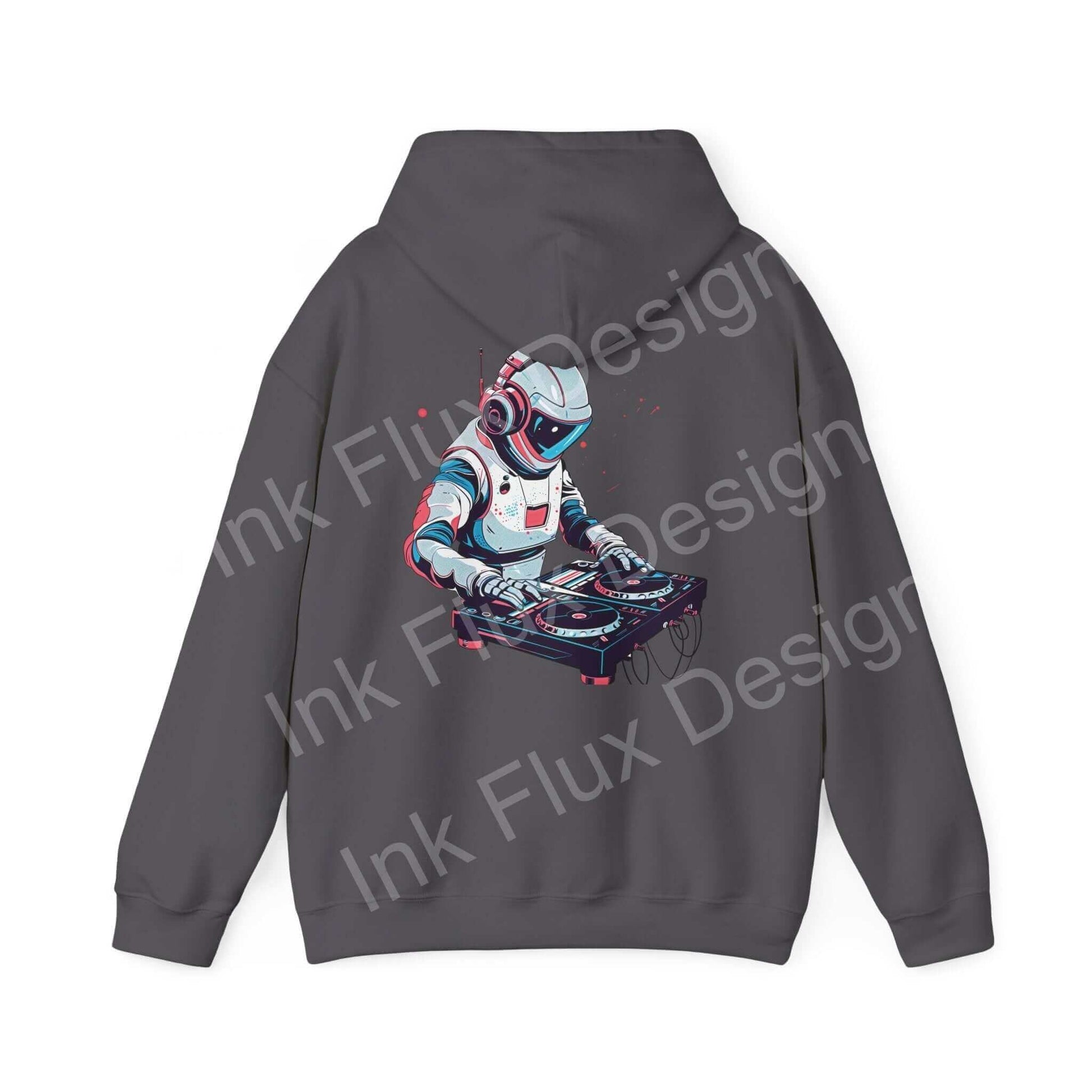 Unisex graphite-colored hooded sweatshirt with a bold graphic design of a DJ robot mixing tunes on decks, from Ink Flux Design.