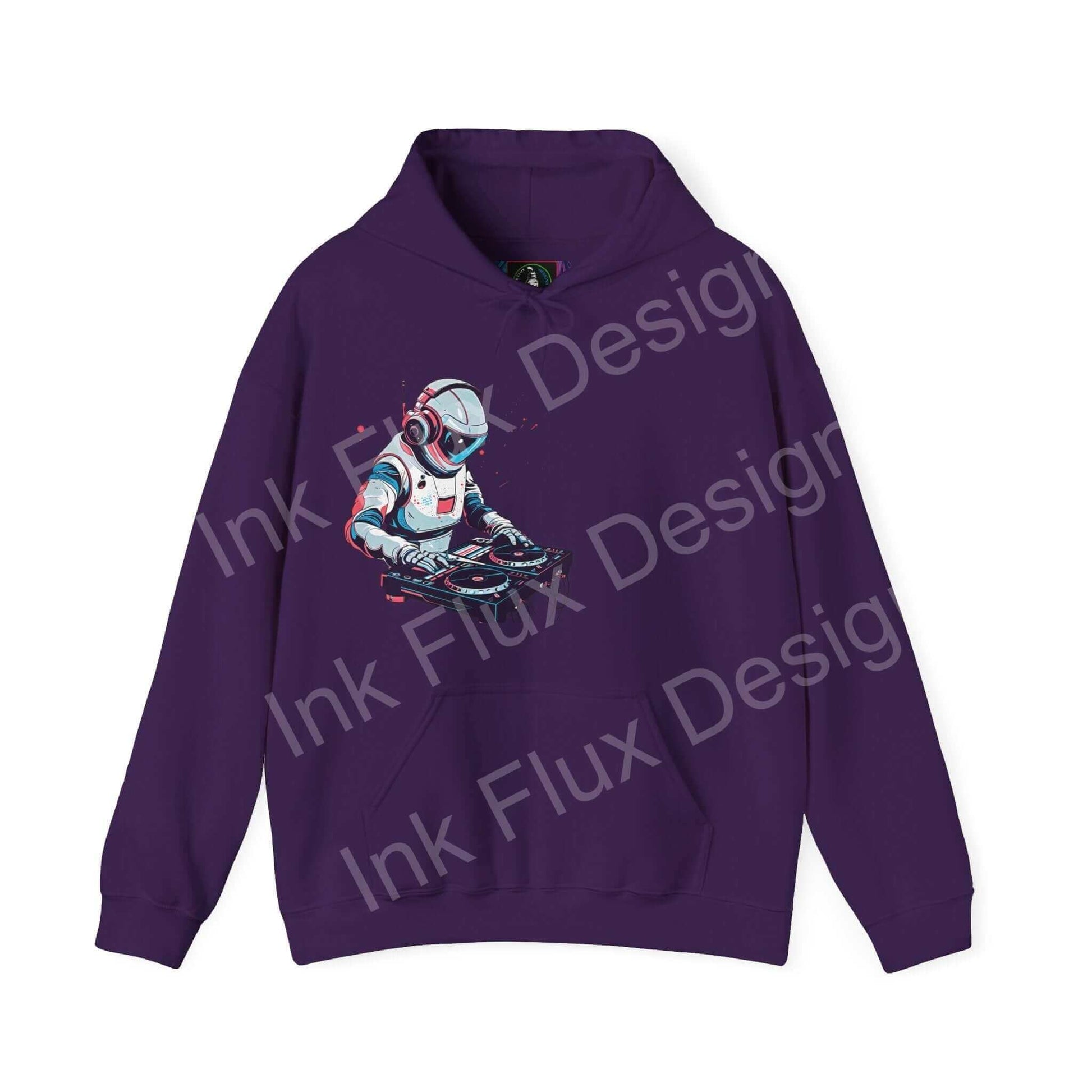 Purple DJ hooded sweatshirt featuring a bold graphic design of a DJ in action, perfect for those seeking stylish and durable graphic hoodies.