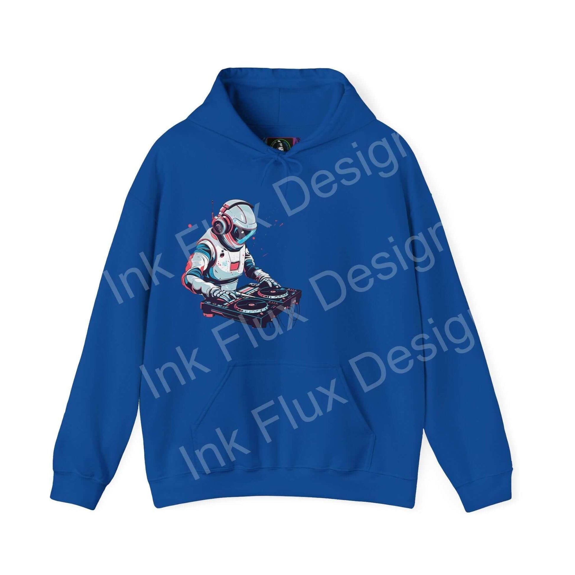 Blue DJ hooded sweatshirt featuring a bold graphic of a DJ in futuristic armor, ideal for stylish, cozy wear.