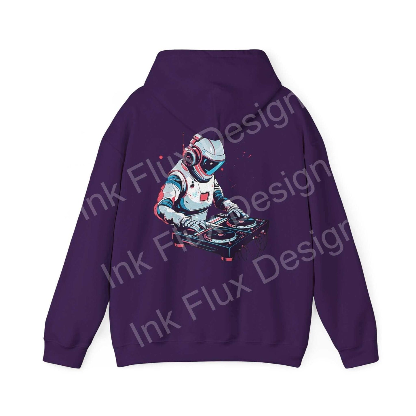 Bold graphic hoodie featuring a space-themed design with an astronaut in a sleek, modern pose on a purple background, by Ink Flux Design.