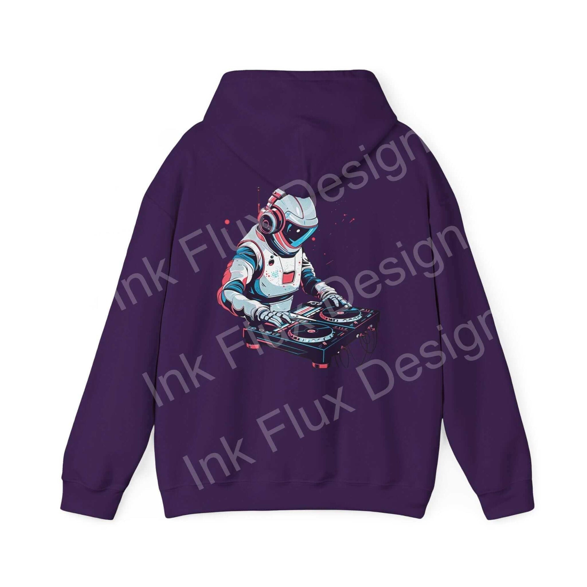 Bold graphic hoodie featuring a space-themed design with an astronaut in a sleek, modern pose on a purple background, by Ink Flux Design.