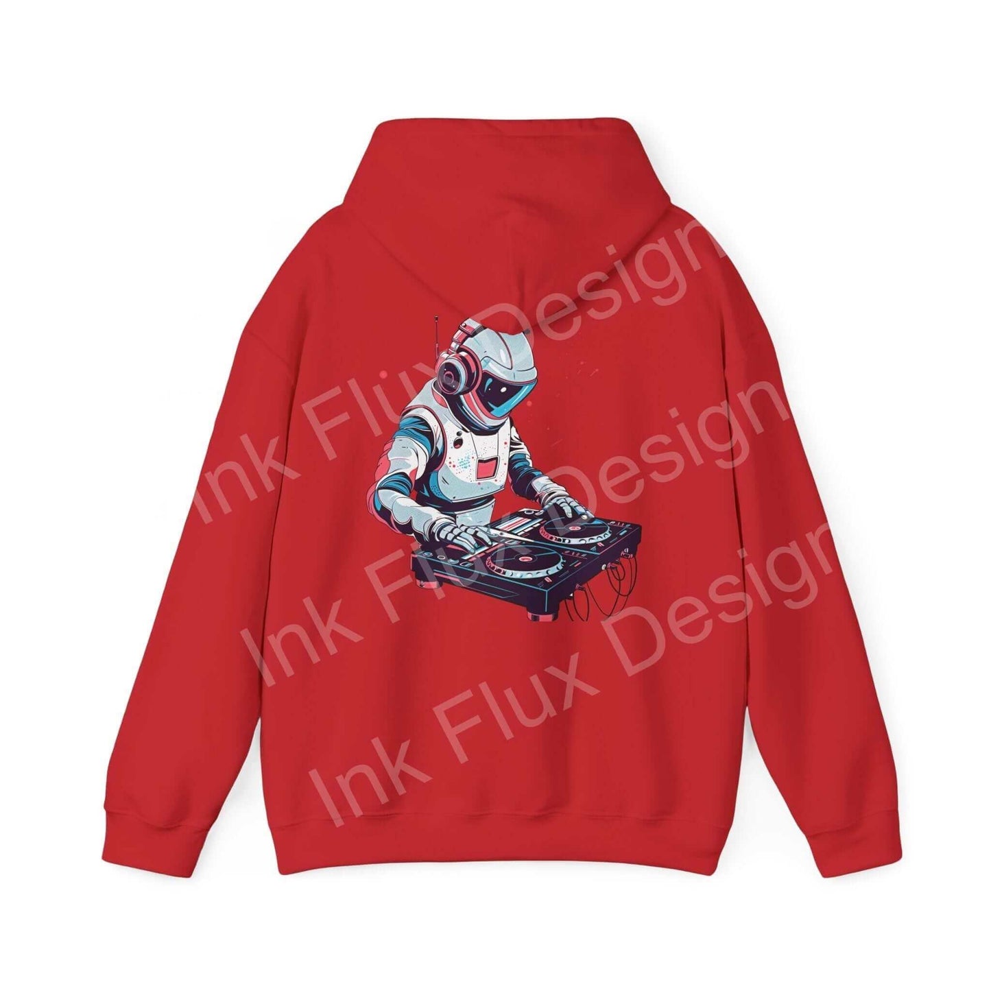 Red hooded sweatshirt featuring a bold design of an astronaut DJ on the back, perfect for graphic hoodie enthusiasts.