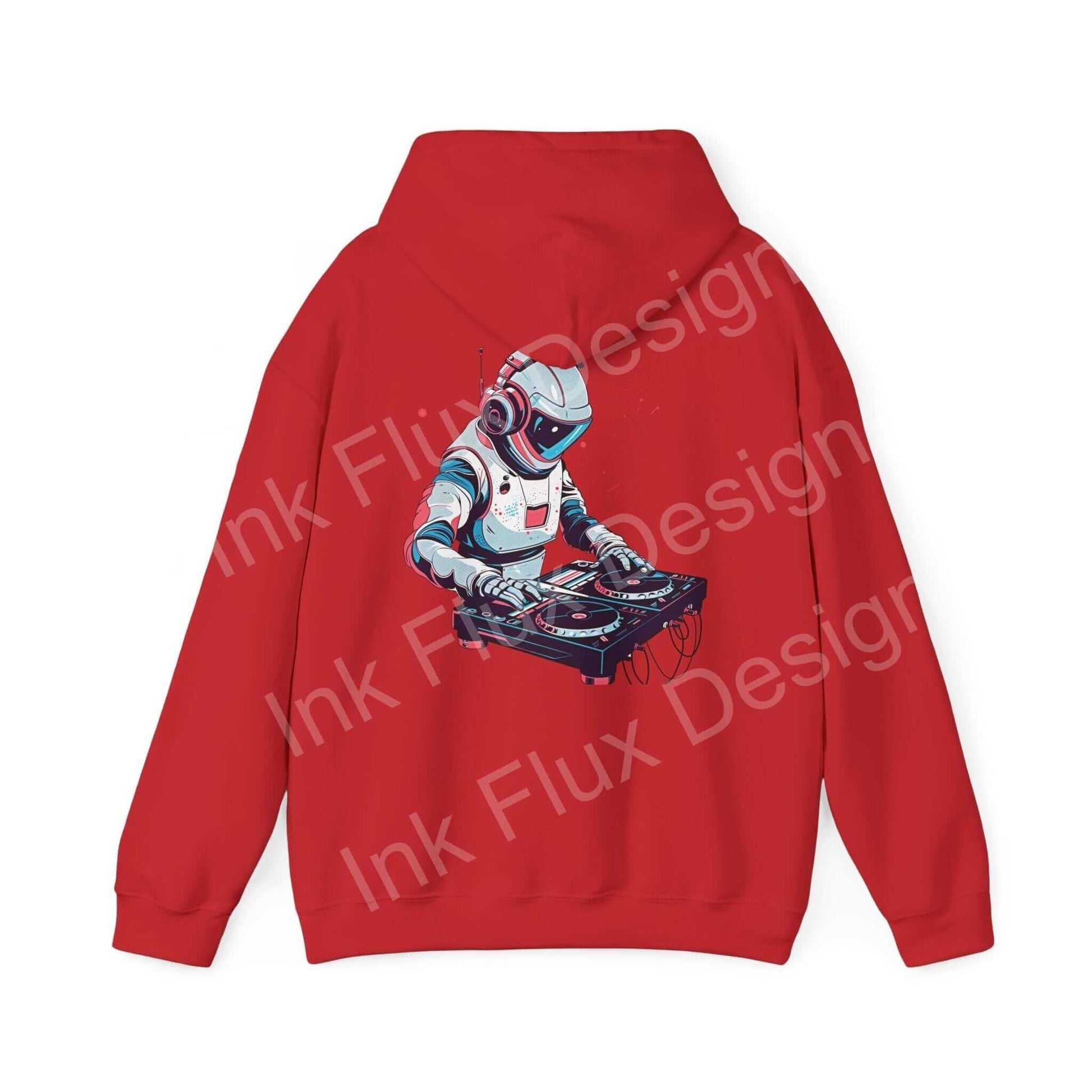 Red hooded sweatshirt featuring a bold design of an astronaut DJ on the back, perfect for graphic hoodie enthusiasts.