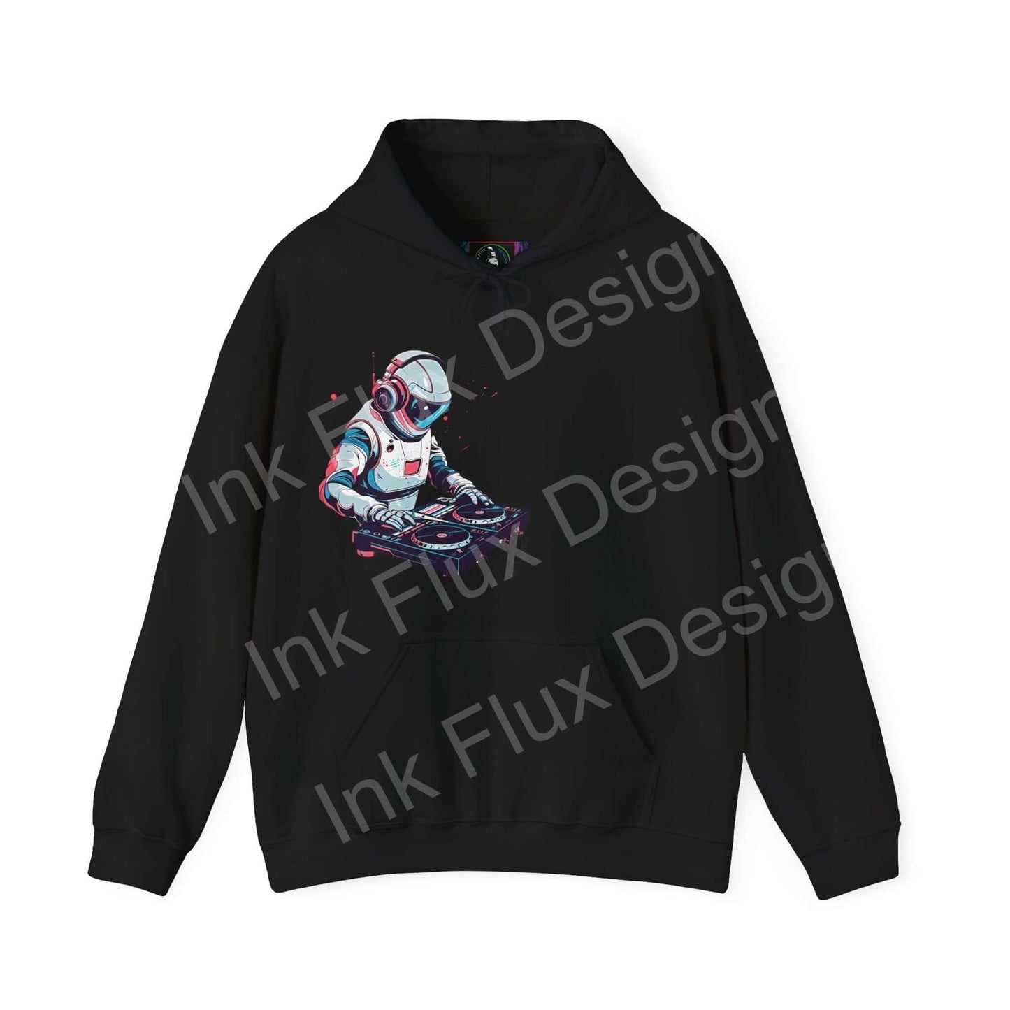 Unisex black DJ hooded sweatshirt featuring a bold graphic design of a DJ in futuristic gear, perfect for style and comfort.