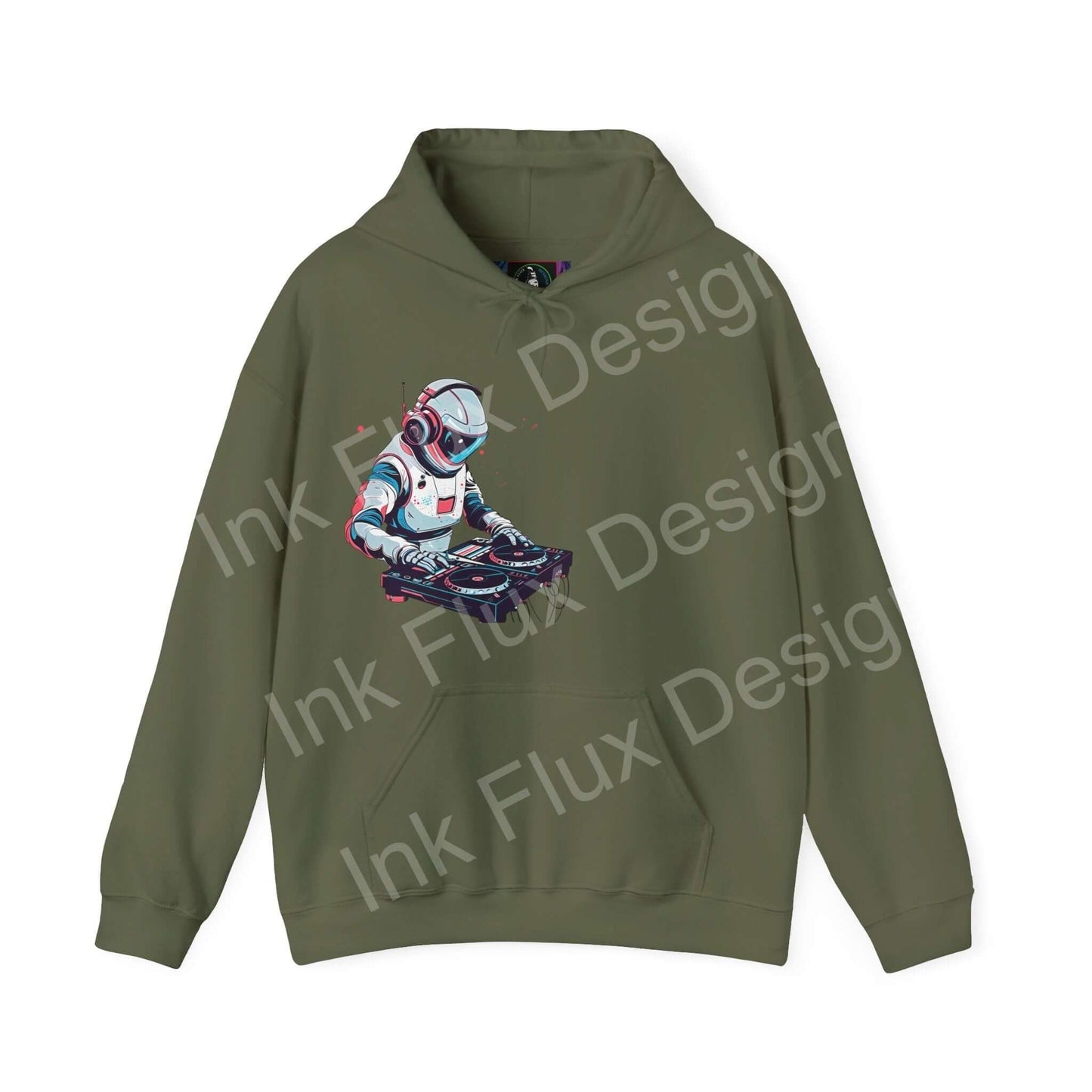 Olive green DJ hooded sweatshirt featuring a bold graphic design of a DJ with headphones, ideal for fans of graphic hoodies with creative, bold designs.