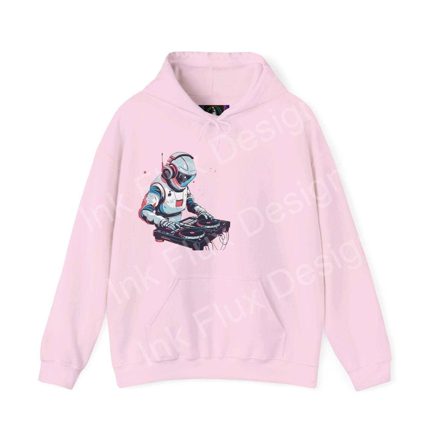 Pink DJ hooded sweatshirt featuring a bold graphic of a DJ in futuristic gear, ideal for those seeking cozy, stylish graphic hoodies.