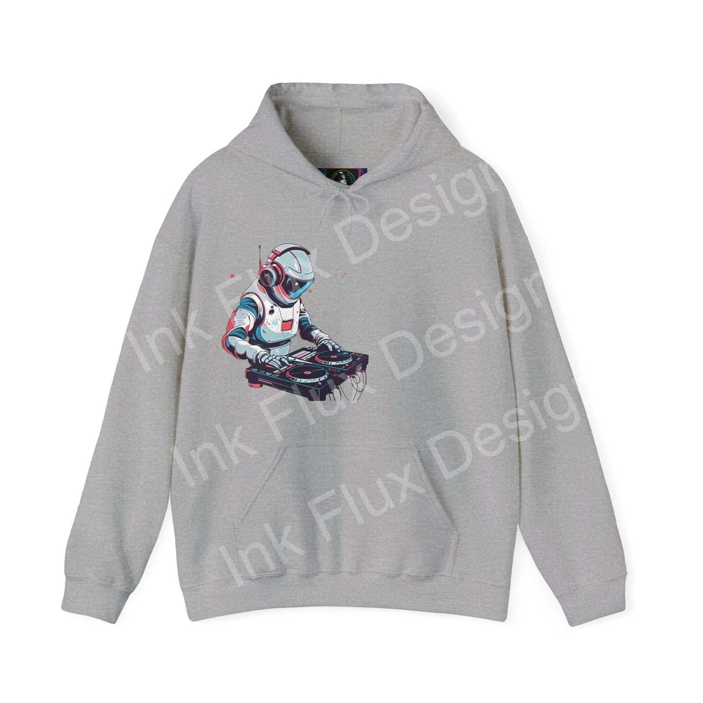 Gray unisex hooded sweatshirt featuring a bold graphic design of a futuristic robot, perfect for stylish, cozy wear.