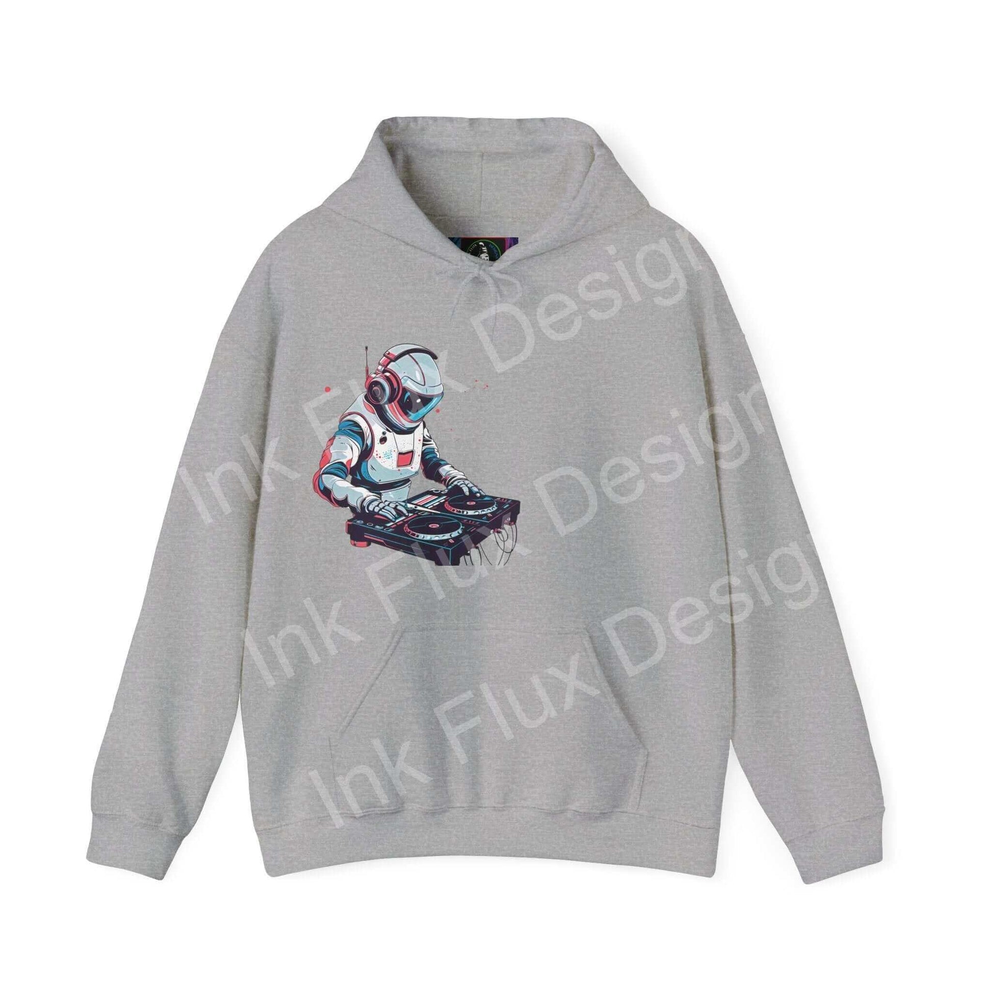 Gray unisex hooded sweatshirt featuring a bold graphic design of a futuristic robot, perfect for stylish, cozy wear.