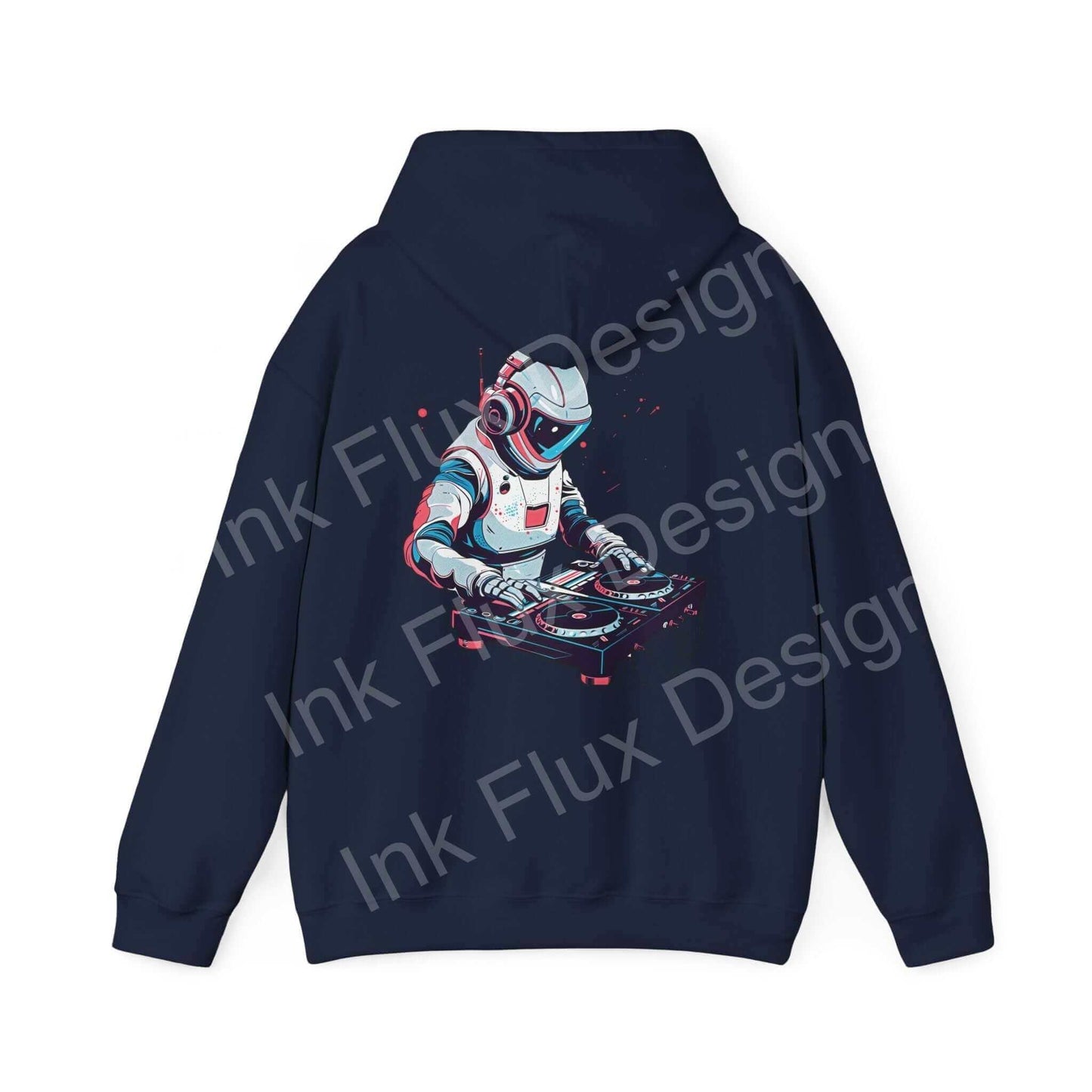 Unisex navy blue hooded sweatshirt featuring a bold graphic of an astronaut DJ with turntables, from Ink Flux Designs.