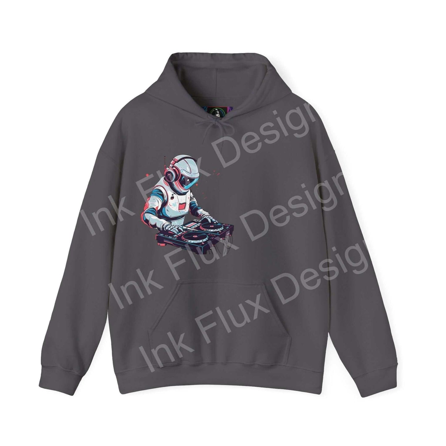 Unisex gray hooded sweatshirt featuring a bold graphic design of a futuristic robot, from Ink Flux Design's graphic hoodies collection.