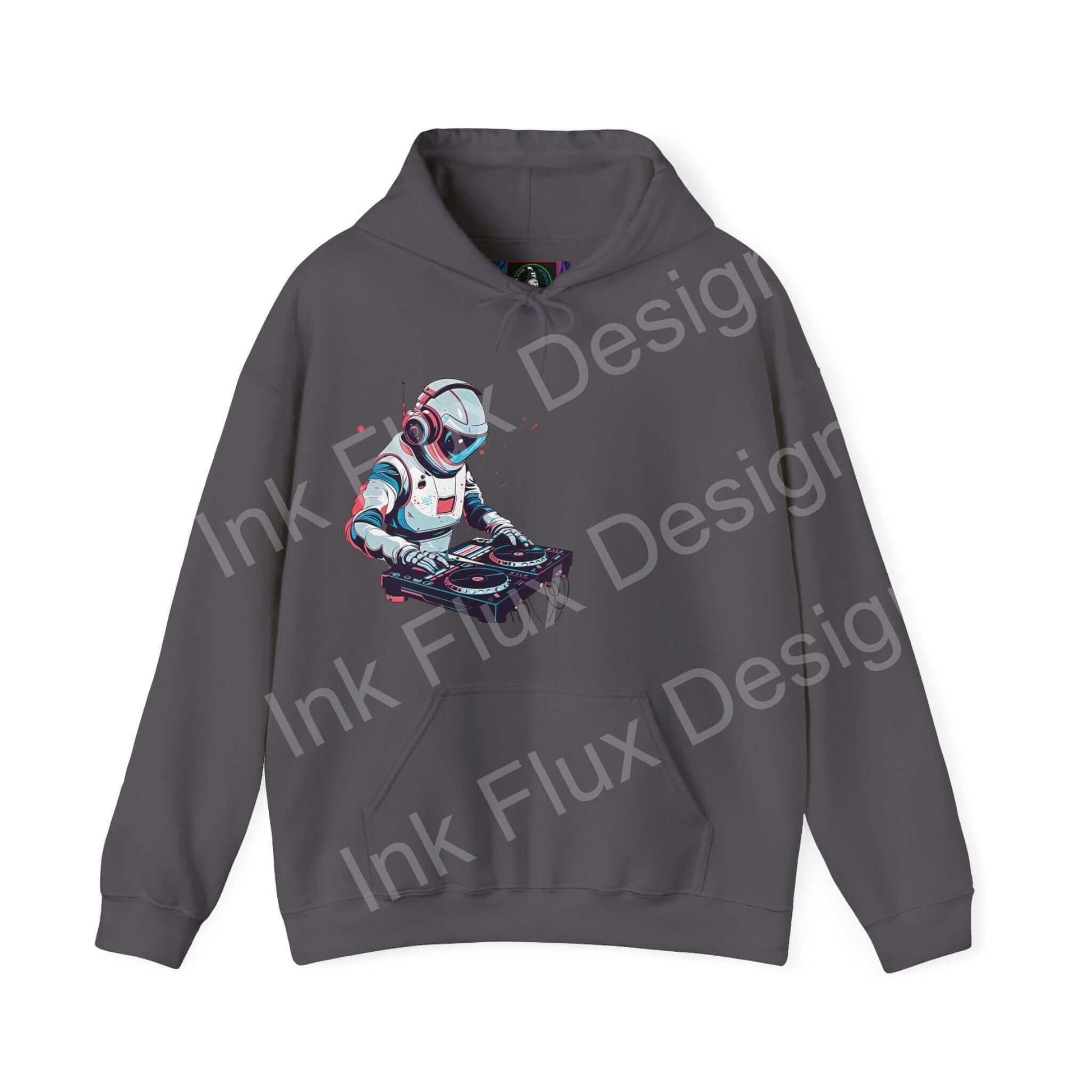 Unisex gray hooded sweatshirt featuring a bold graphic design of a futuristic robot, from Ink Flux Design's graphic hoodies collection.