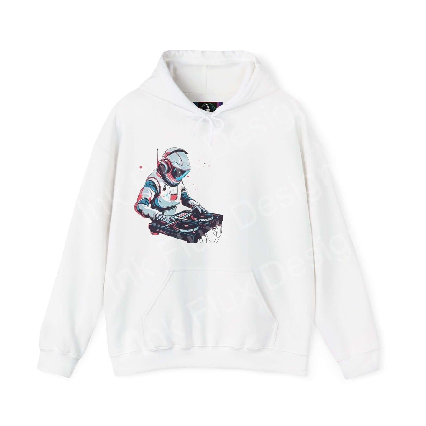 White DJ hooded sweatshirt featuring a bold graphic design of a DJ in robotic armor, ideal for fans of graphic hoodies with unique, bold designs.