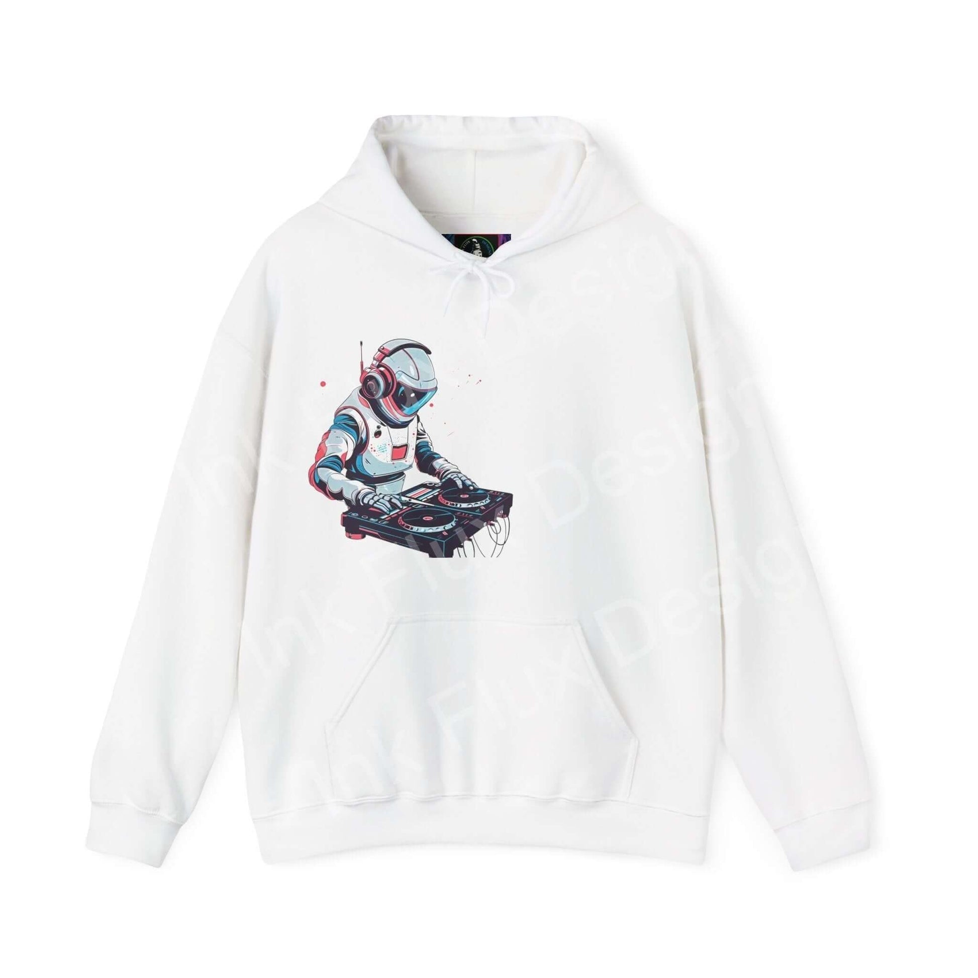 White DJ hooded sweatshirt featuring a bold graphic design of a DJ in robotic armor, ideal for fans of graphic hoodies with unique, bold designs.