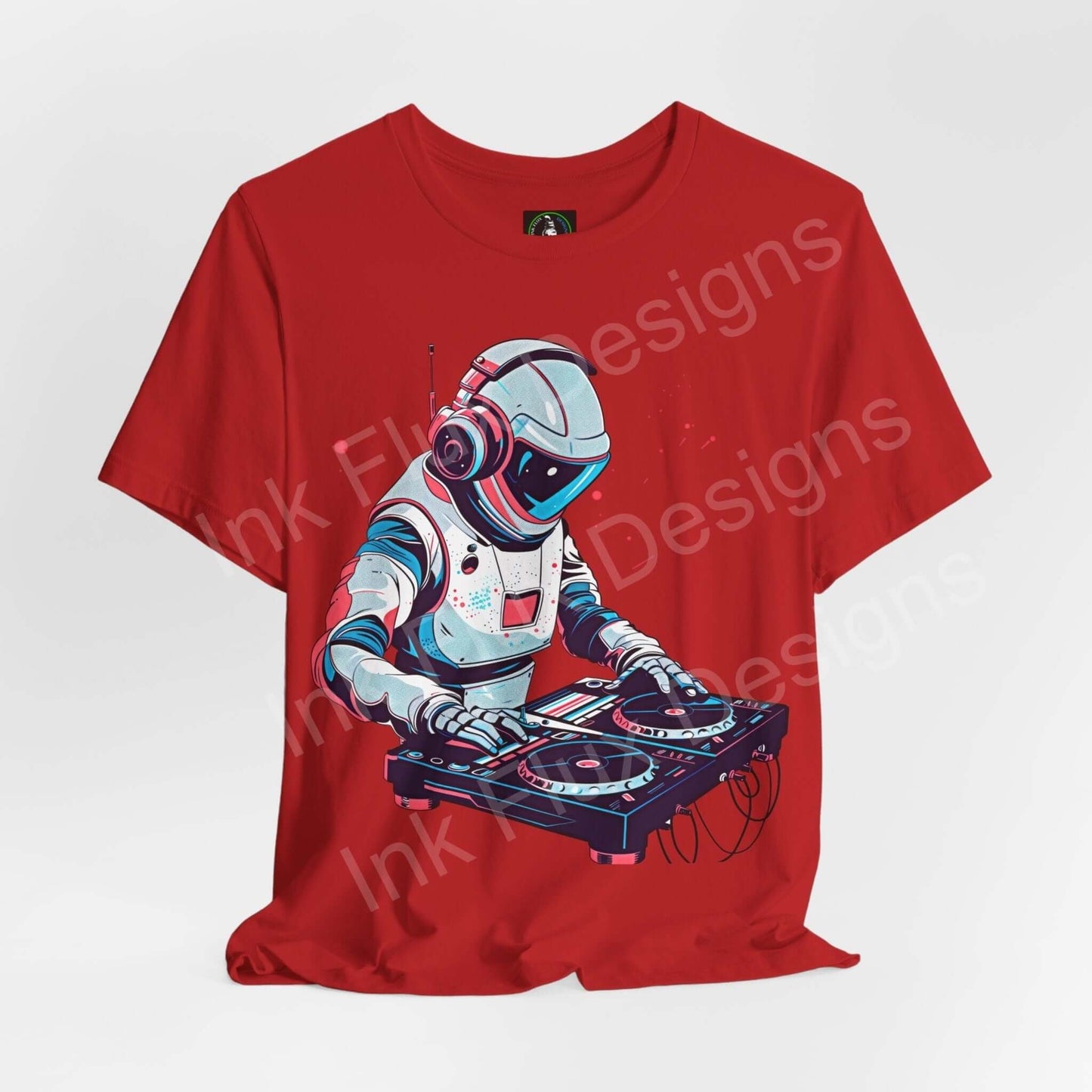 Red unisex T-shirt featuring a bold graphic of an astronaut DJ with turntables, crafted from soft Airlume cotton, ideal for comfort and style.