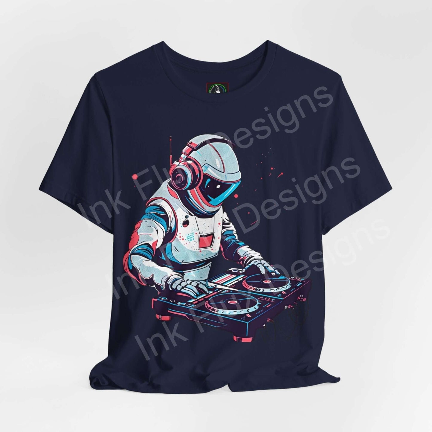 Navy unisex graphic tee featuring a bold astronaut DJ design, crafted from sustainable Airlume cotton by Bella+Canvas.