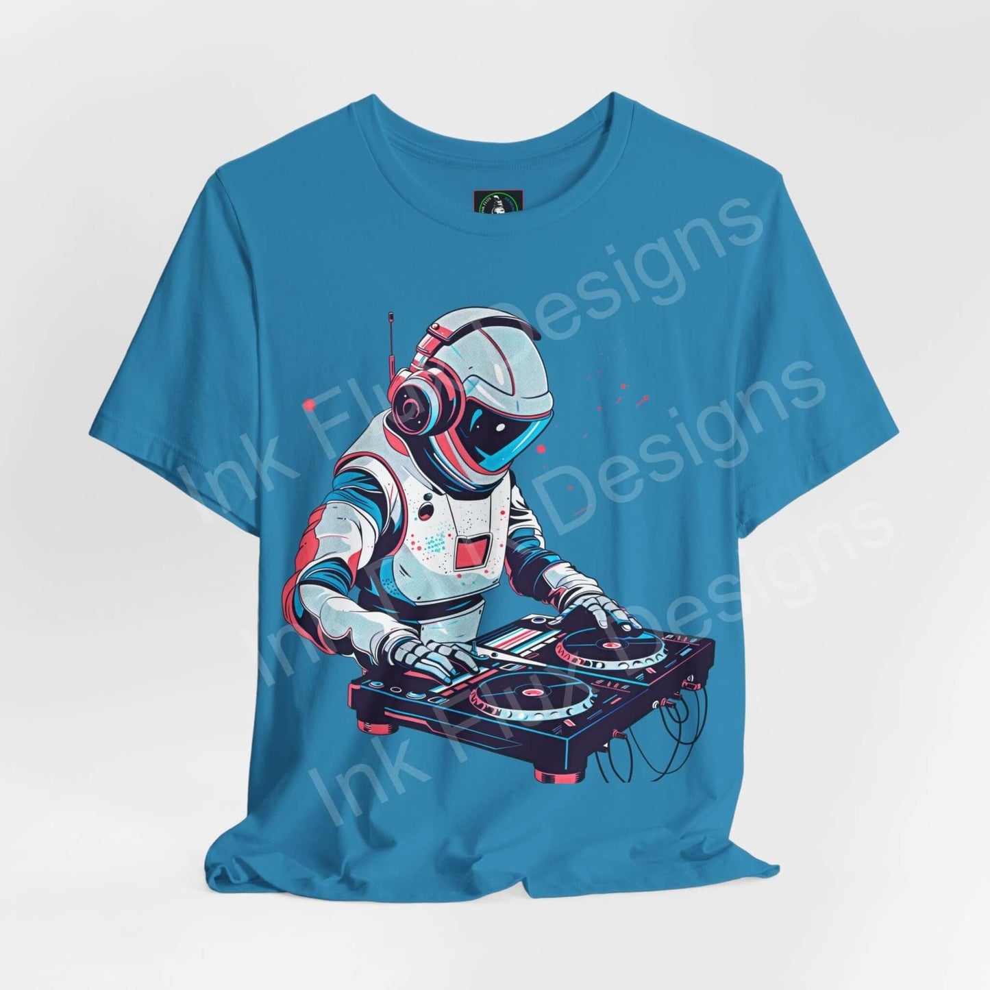 Unisex blue graphic tee featuring a DJ astronaut design, made from sustainable Airlume cotton, perfect for style and comfort.
